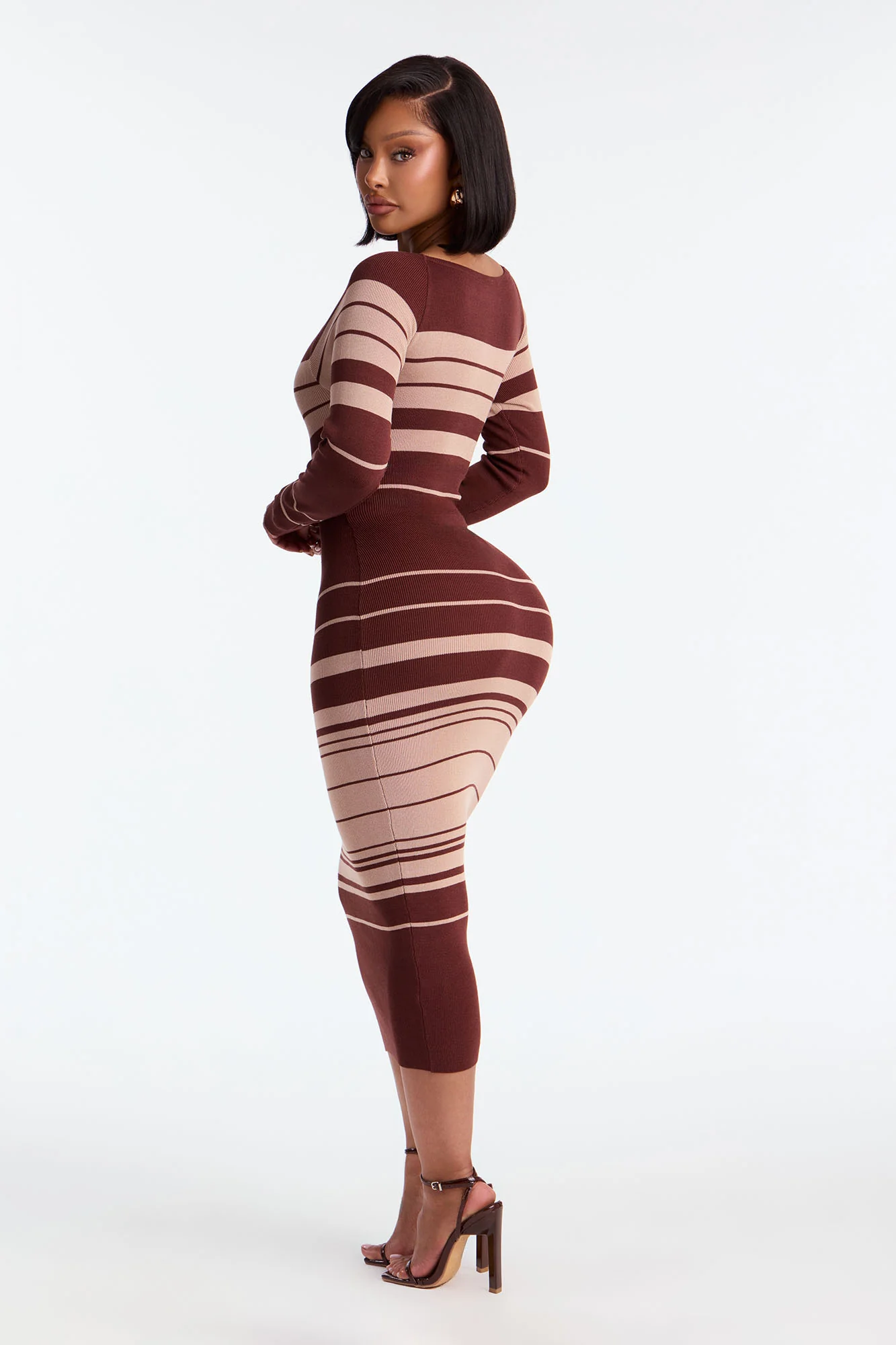 Line Me Up Striped Sweater Midi Dress - Chocolate - Image 3