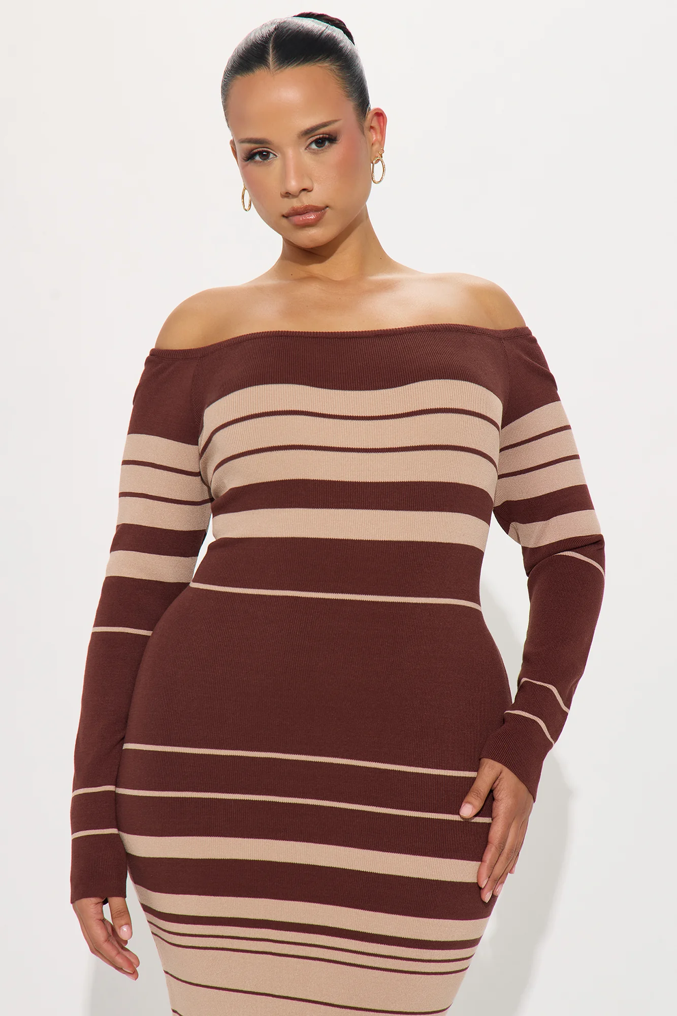 Line Me Up Striped Sweater Midi Dress - Chocolate - Image 5