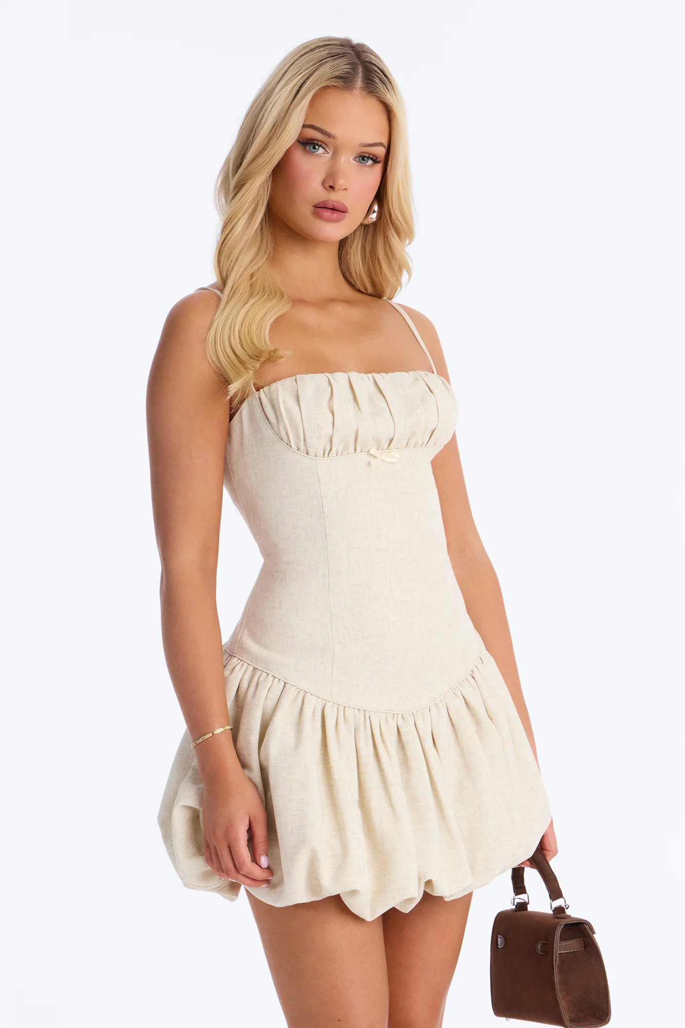 Linen Bloom Bubble Mini Dress - Natural
