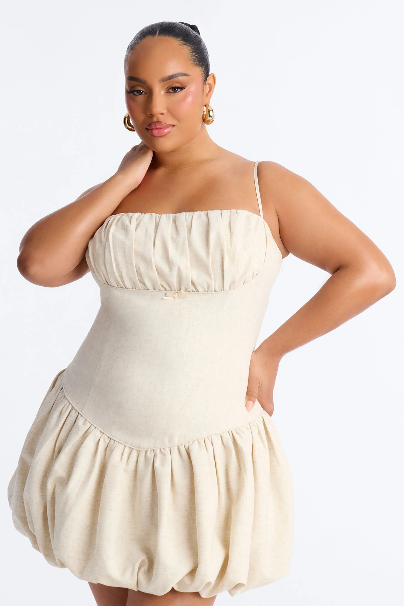 Linen Bloom Bubble Mini Dress - Natural - Image 5