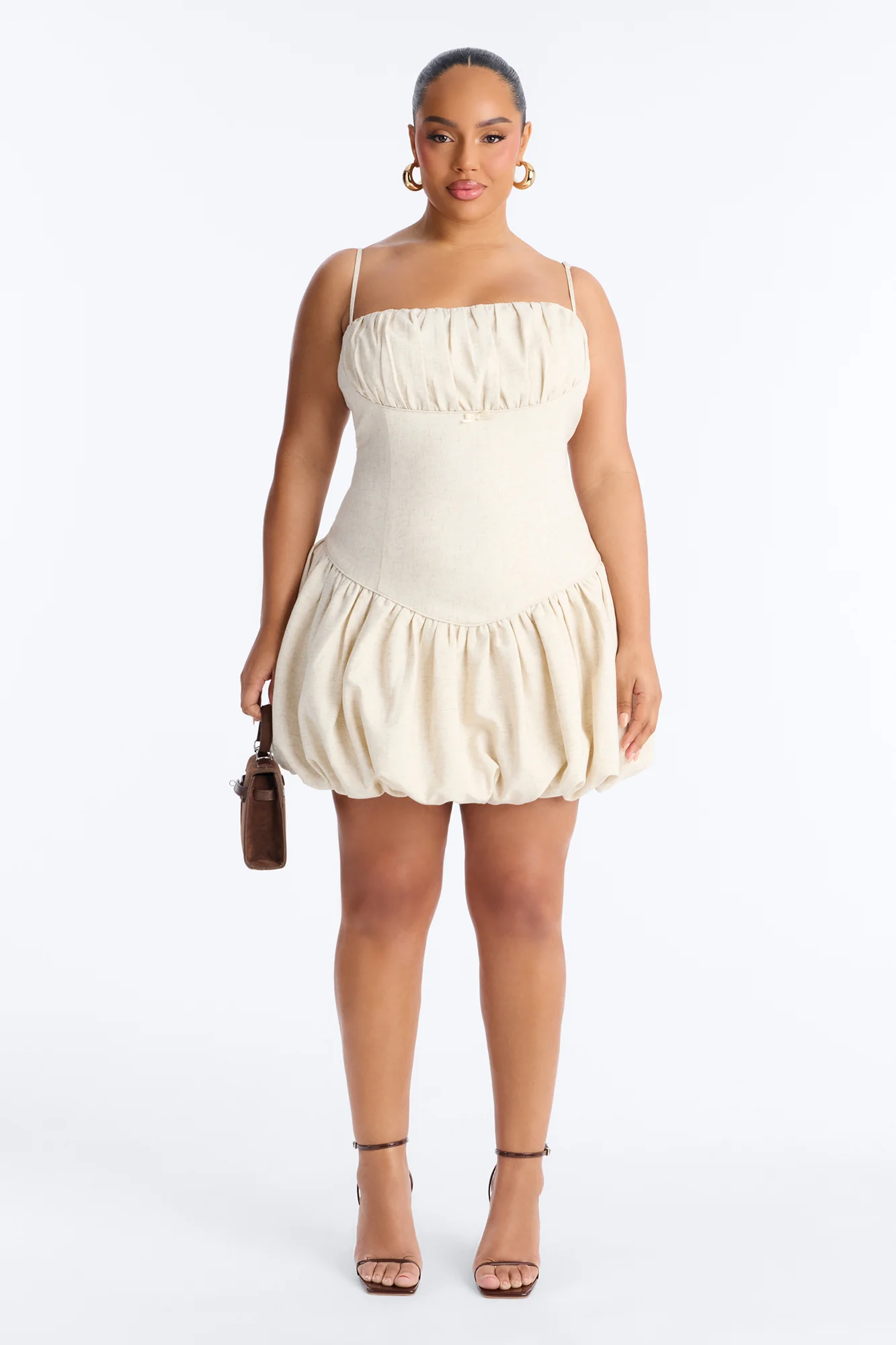 Linen Bloom Bubble Mini Dress - Natural - Image 6