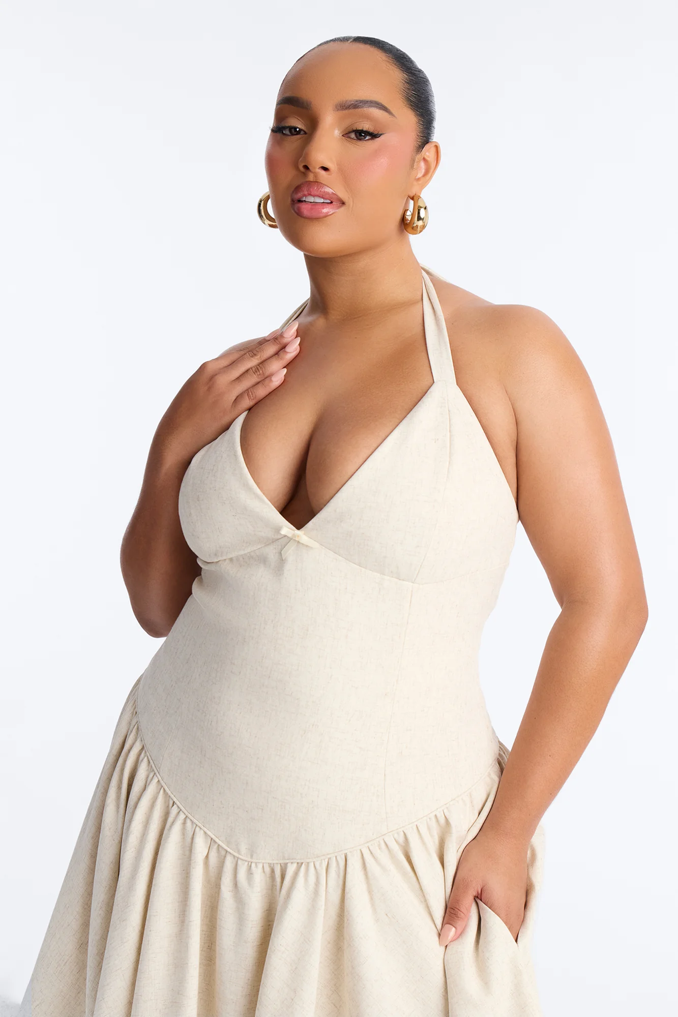 Linen Bloom Halter Midi Dress - Natural - Image 8