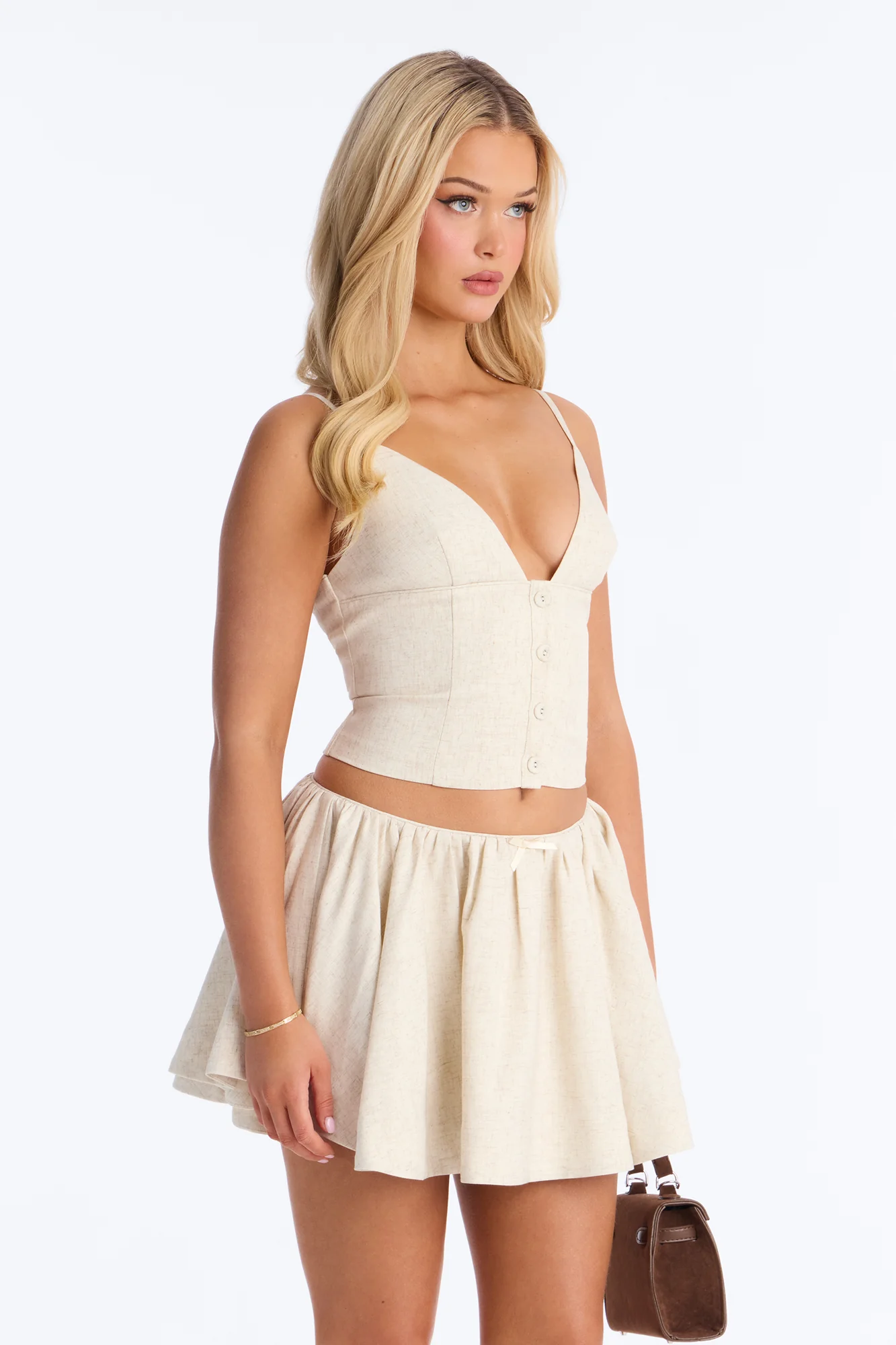 Linen Bloom Mini Skirt Set - Natural