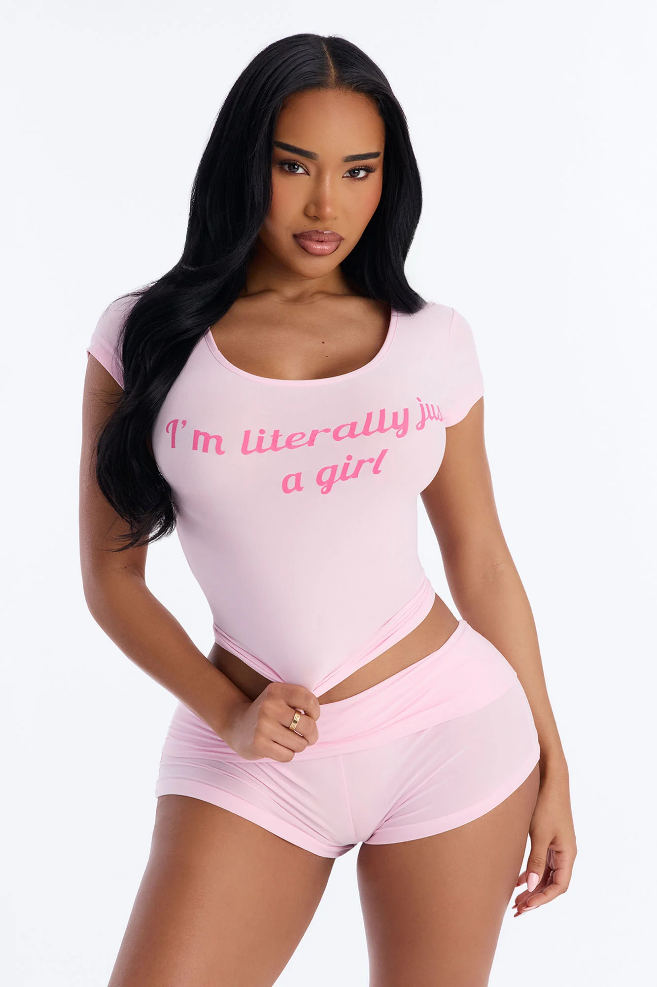 Literally Just A Girl PJ Short Set - Pink/Pink