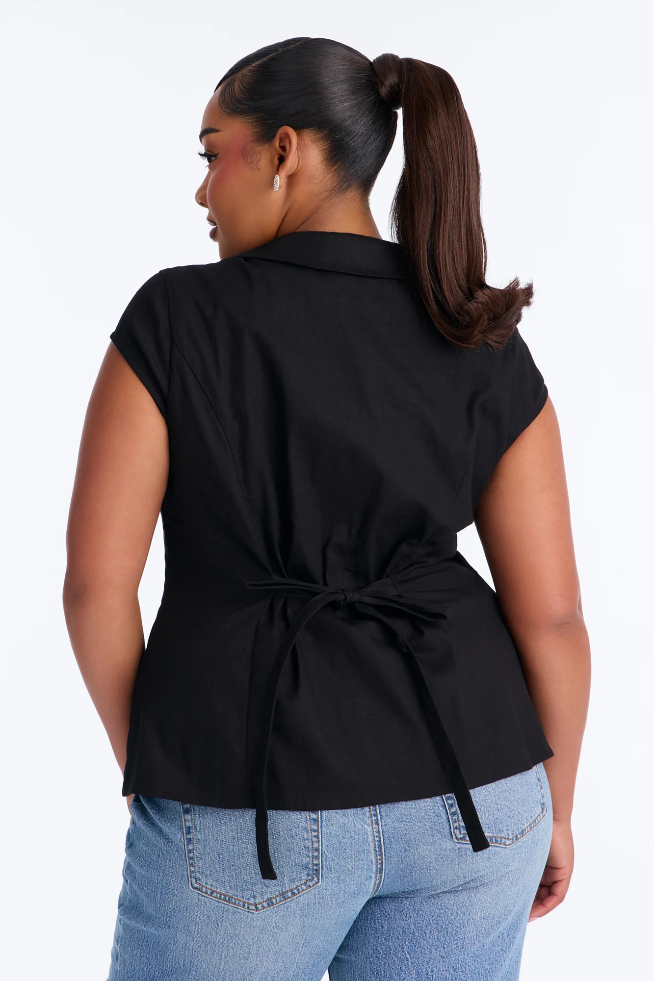 Little Cute Moment Tie Back Linen Shirt - Black - Image 8