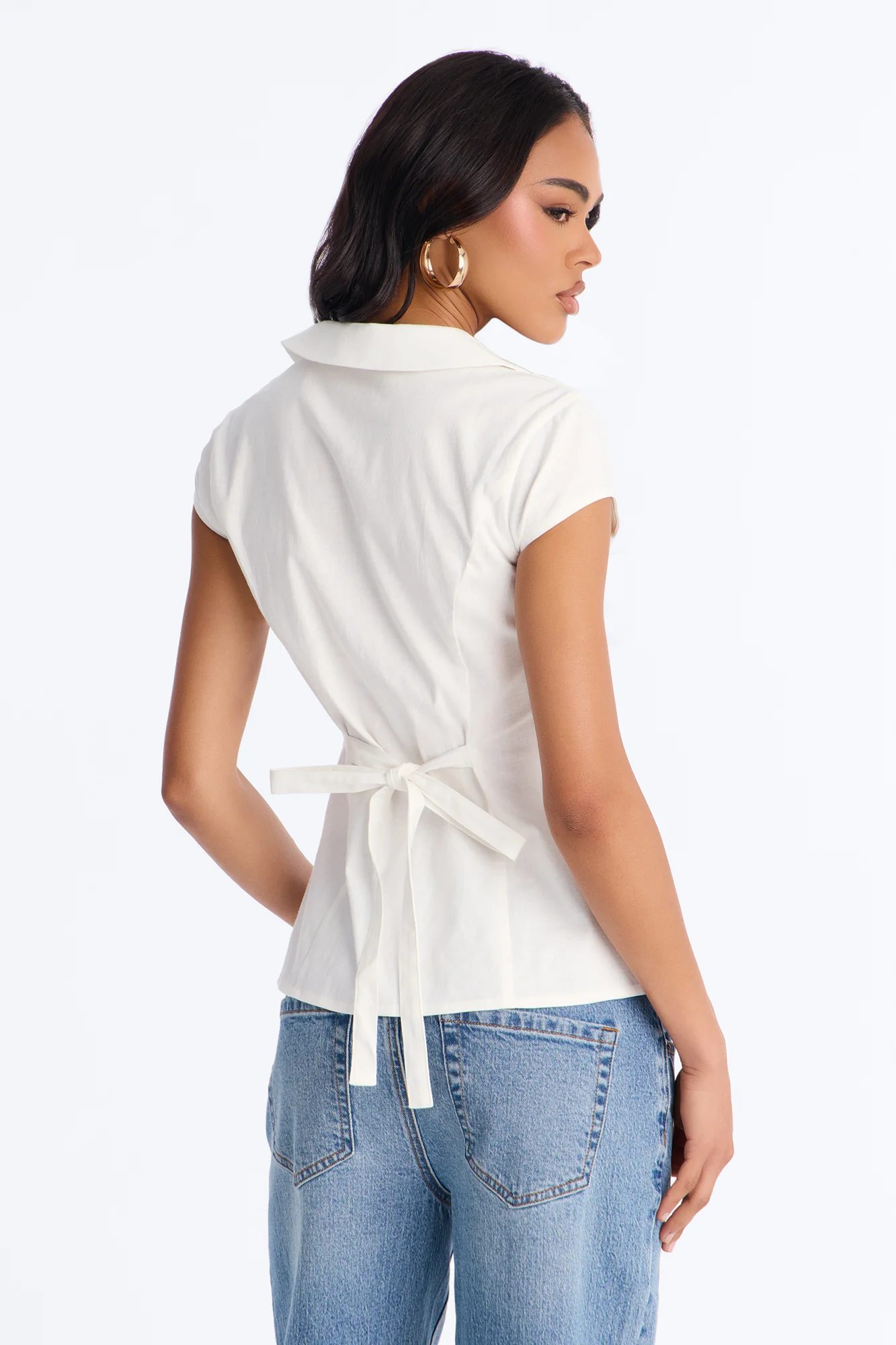 Little Cute Moment Tie Back Linen Shirt - White - Image 4