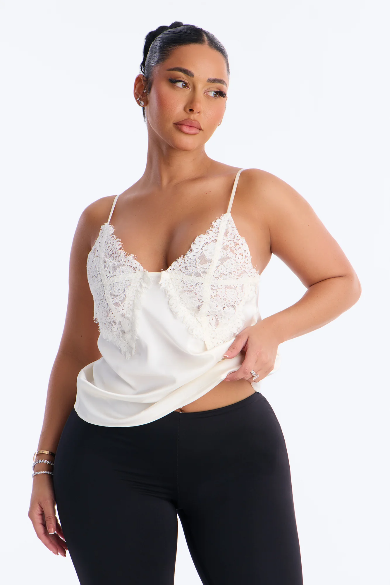 Little Secrets Lace Trim Satin Cami Top - Ivory