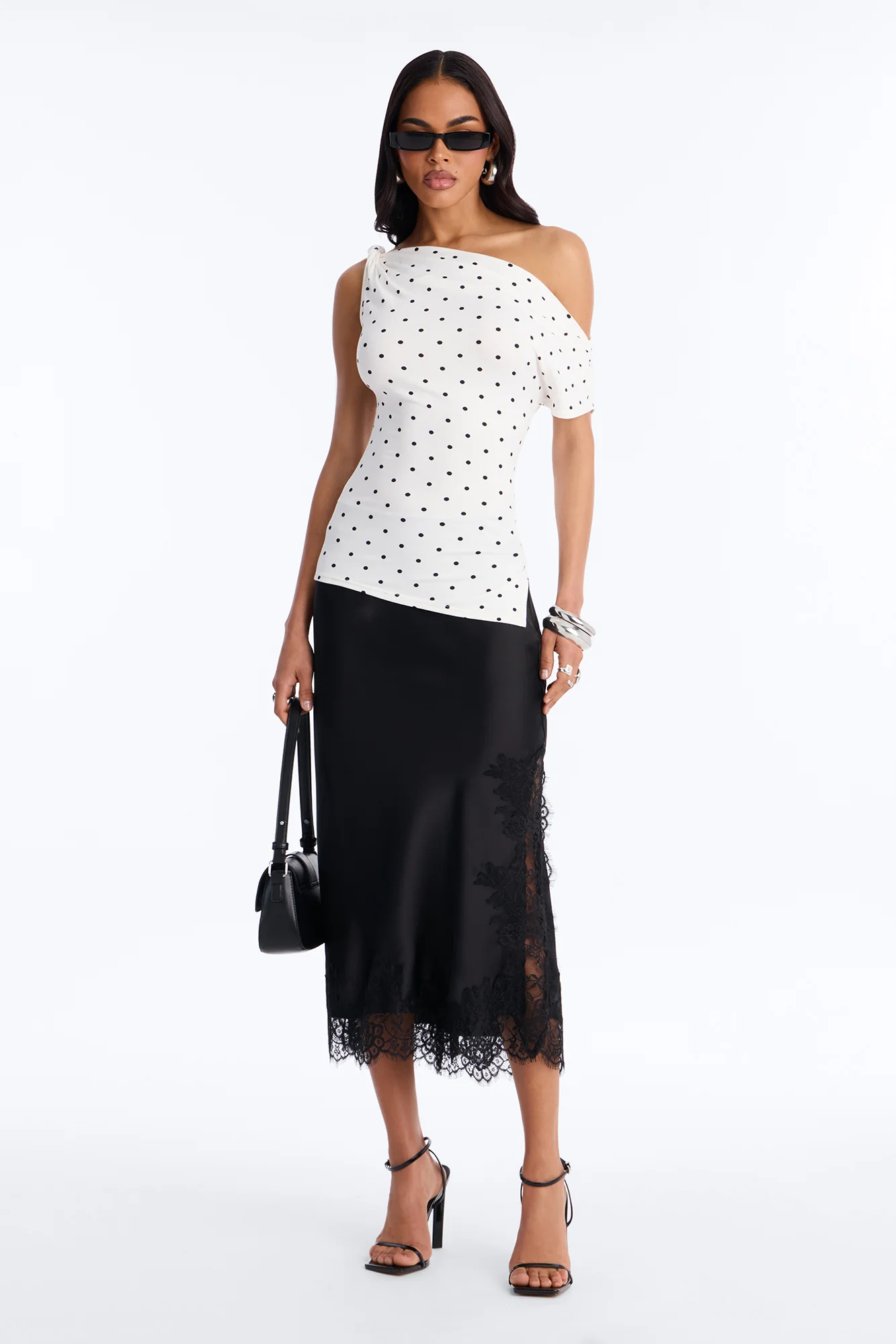 Liv Twist Off Shoulder Polka Dot Short Sleeve Top - White/Black - Image 2
