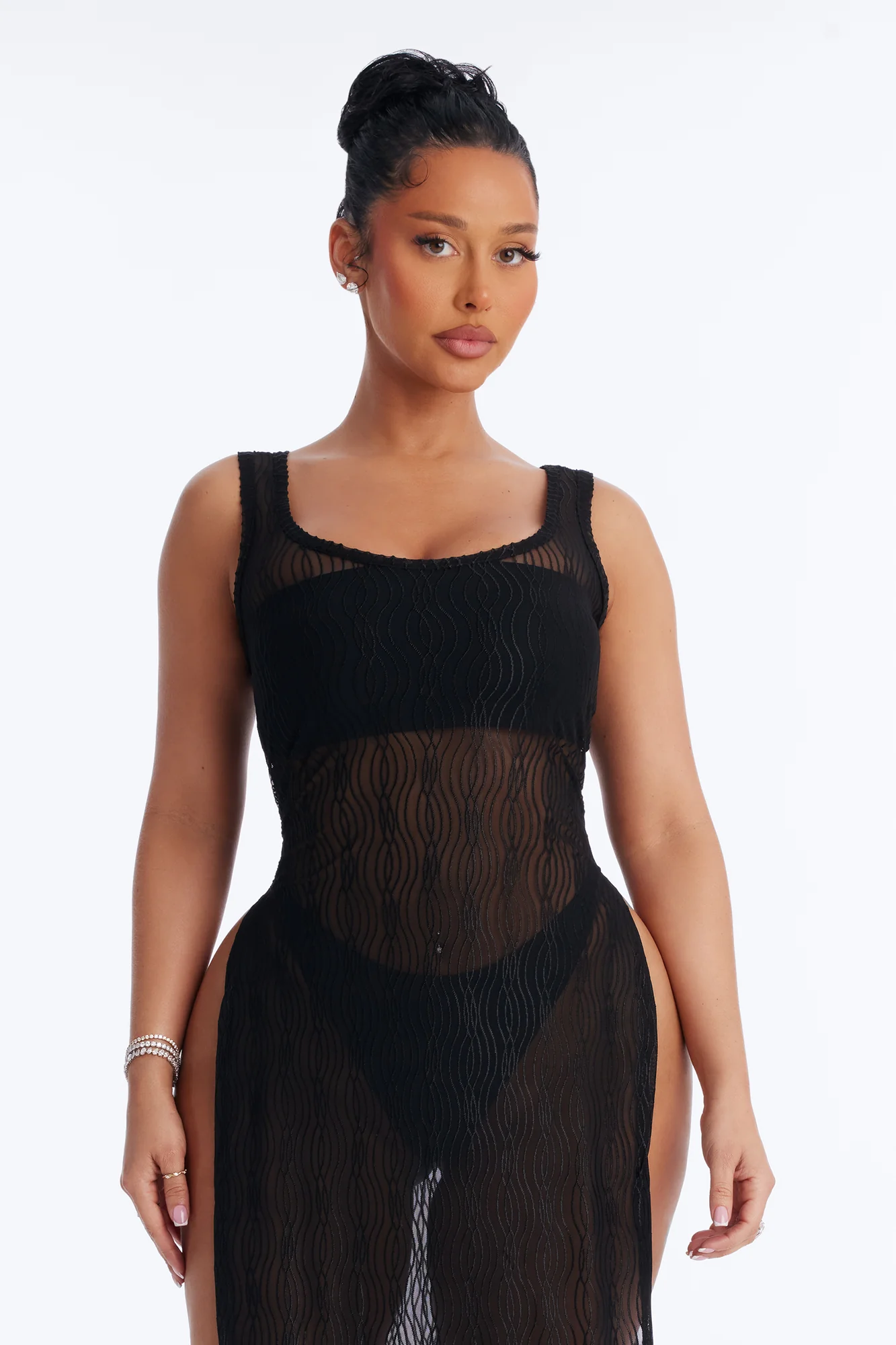 Live In The Moment Mesh Cover Up High Slit Dress - Black - Image 2