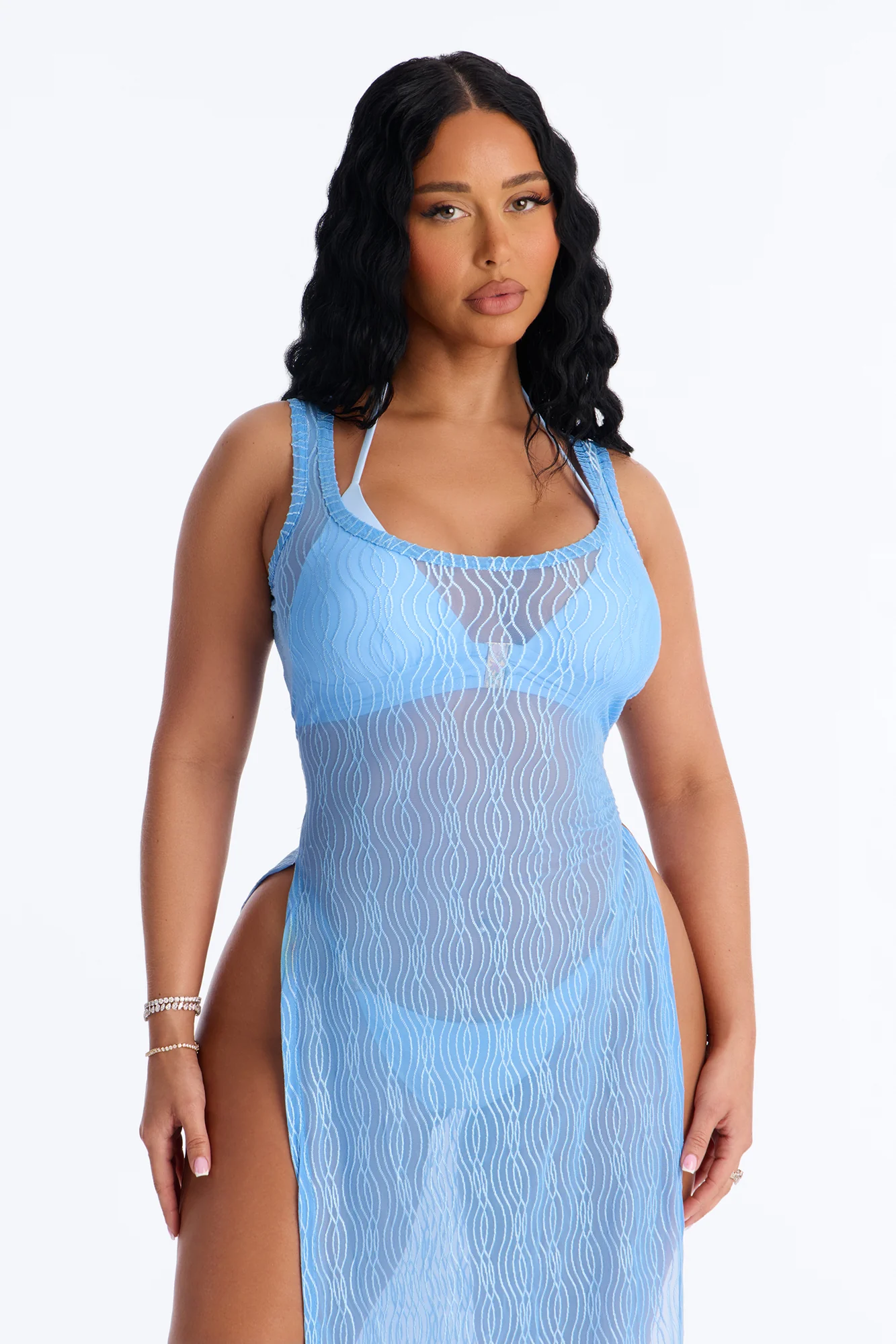 Live In The Moment Mesh Cover Up High Slit Dress - Blue - Image 2