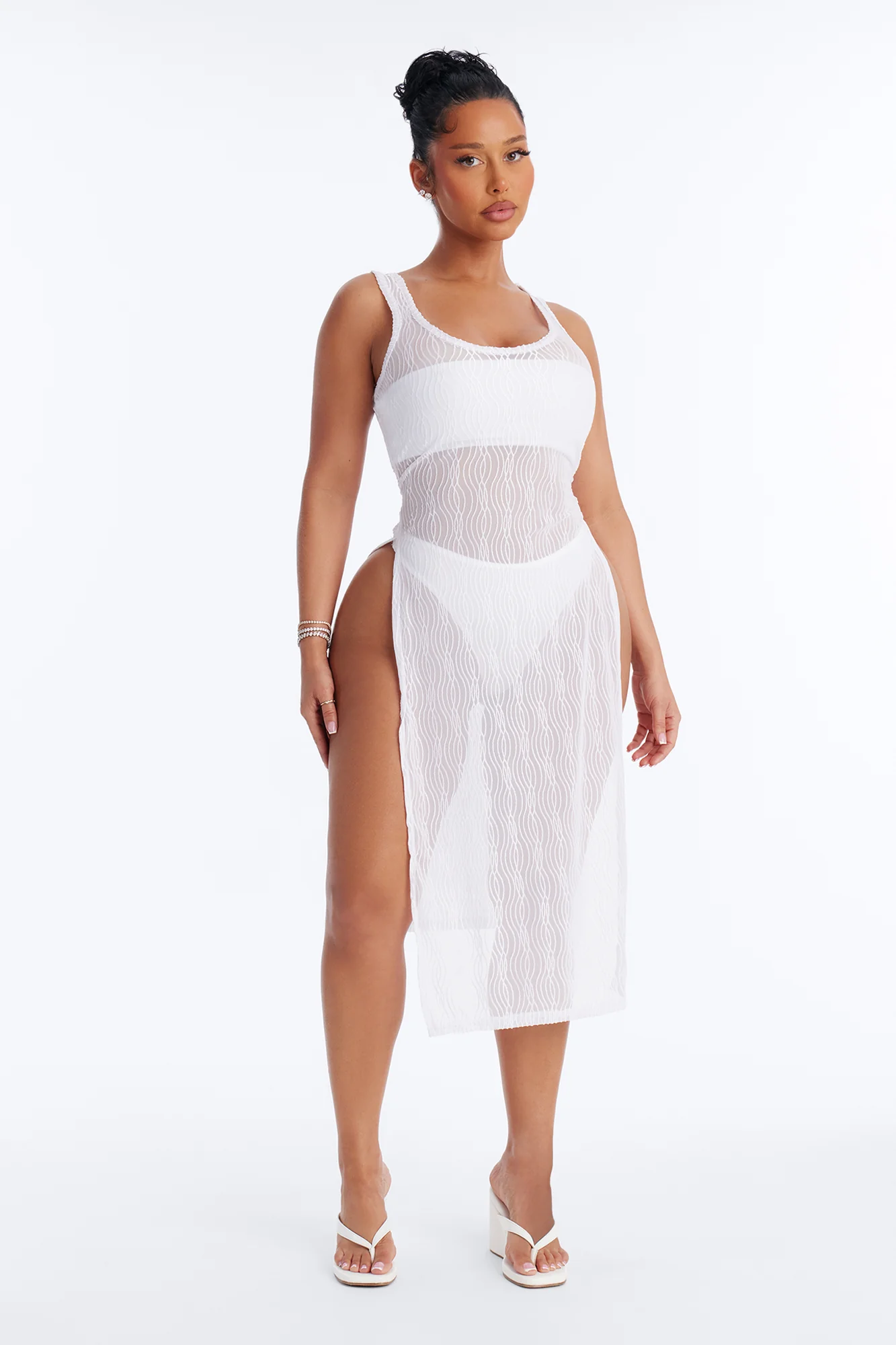 Live In The Moment Mesh Cover Up High Slit Dress - White