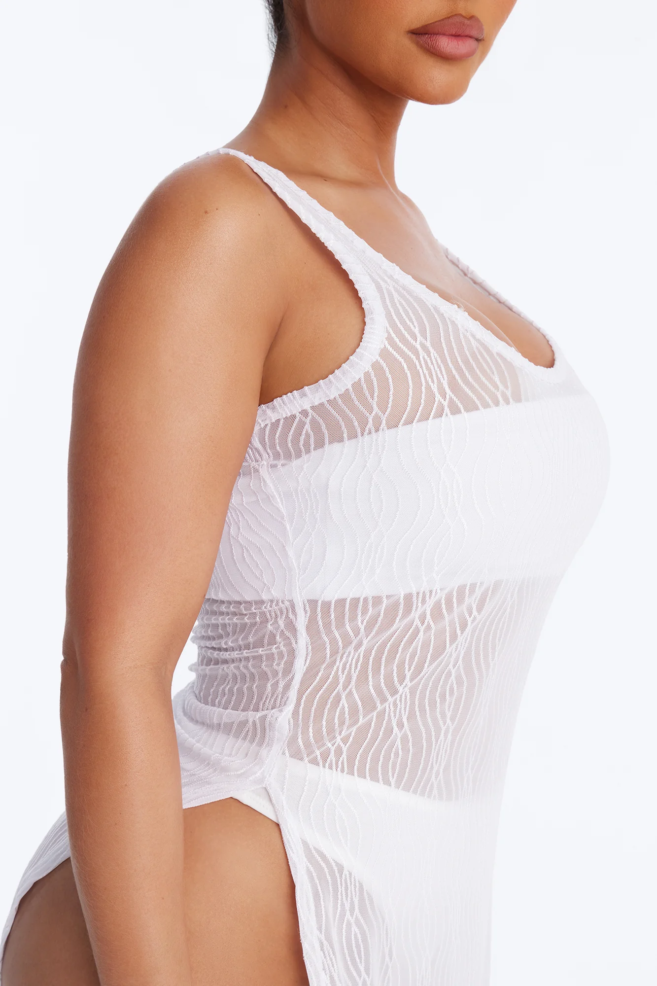 Live In The Moment Mesh Cover Up High Slit Dress - White - Image 3