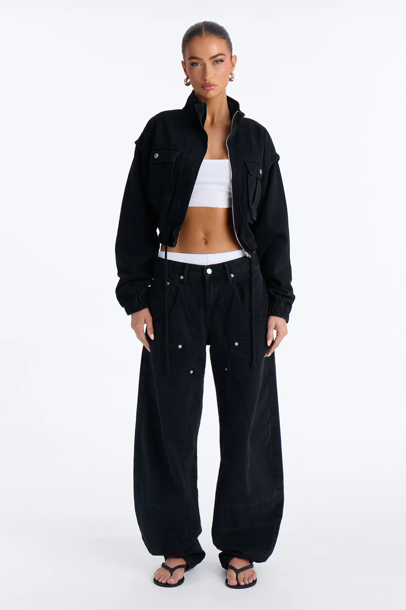 Living On Edge Cropped Denim Bomber Jacket - Black Wash - Image 2