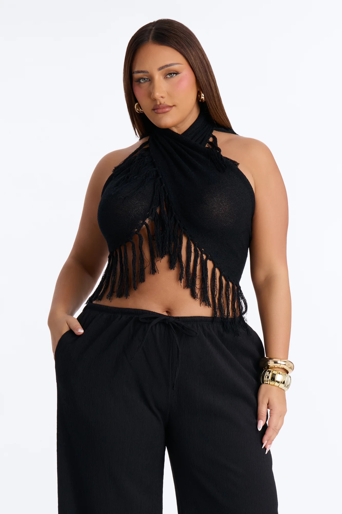 Living On Sunshine Fringe Sweater Halter Top - Black - Image 5