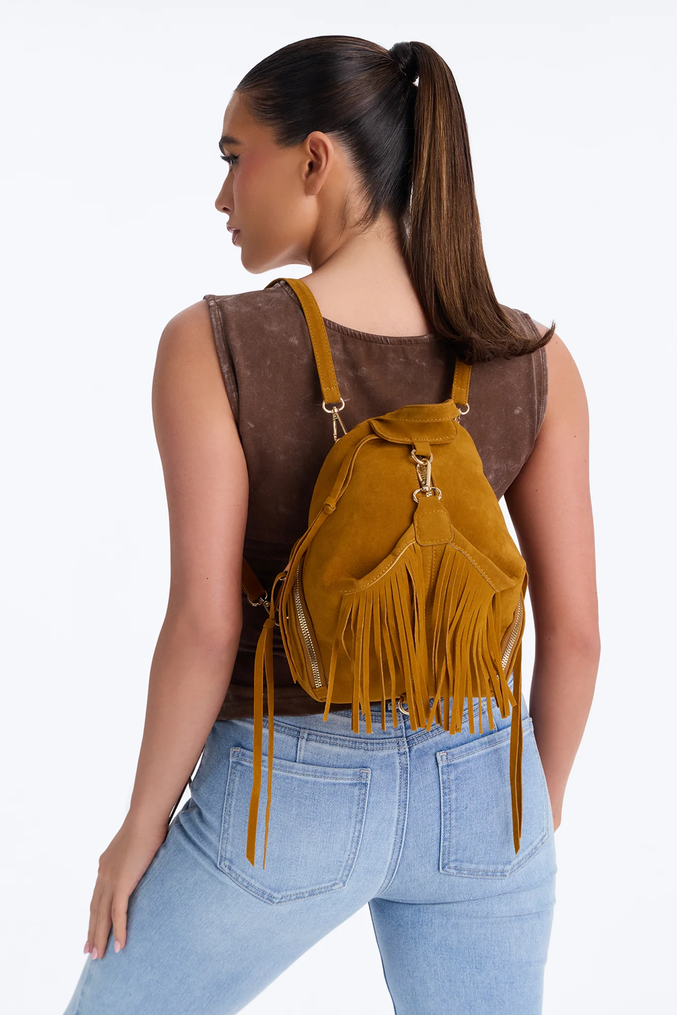 Living On The Fringe Faux Suede Backpack - Cognac - Image 2