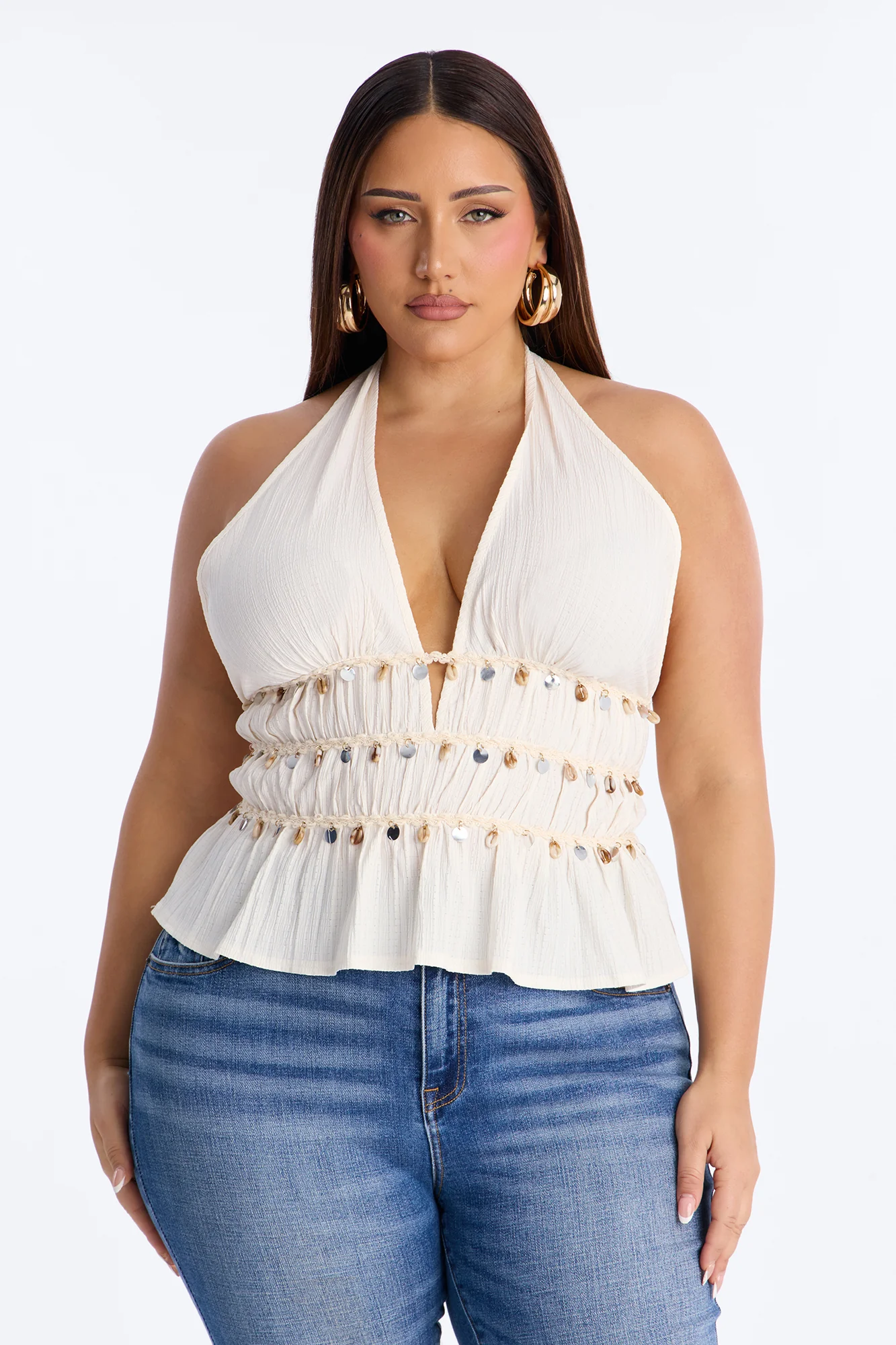 Living The Dream Shell Sequin Ruffle Halter Top - Cream - Image 6