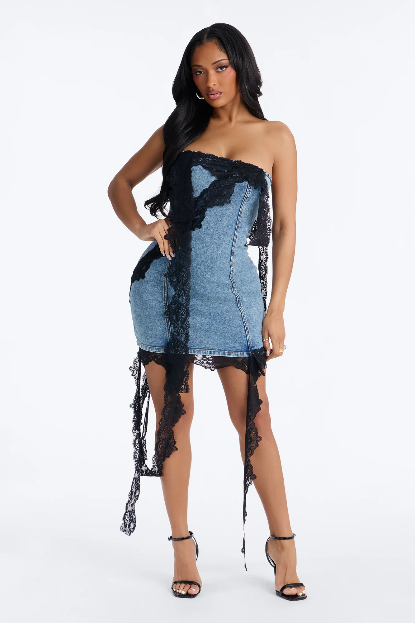 Lizzie Lace Trim Stretch Denim Mini Dress - Medium Wash