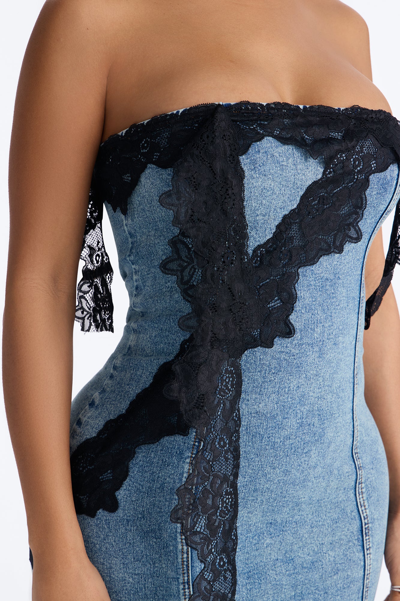 Lizzie Lace Trim Stretch Denim Mini Dress - Medium Wash - Image 3