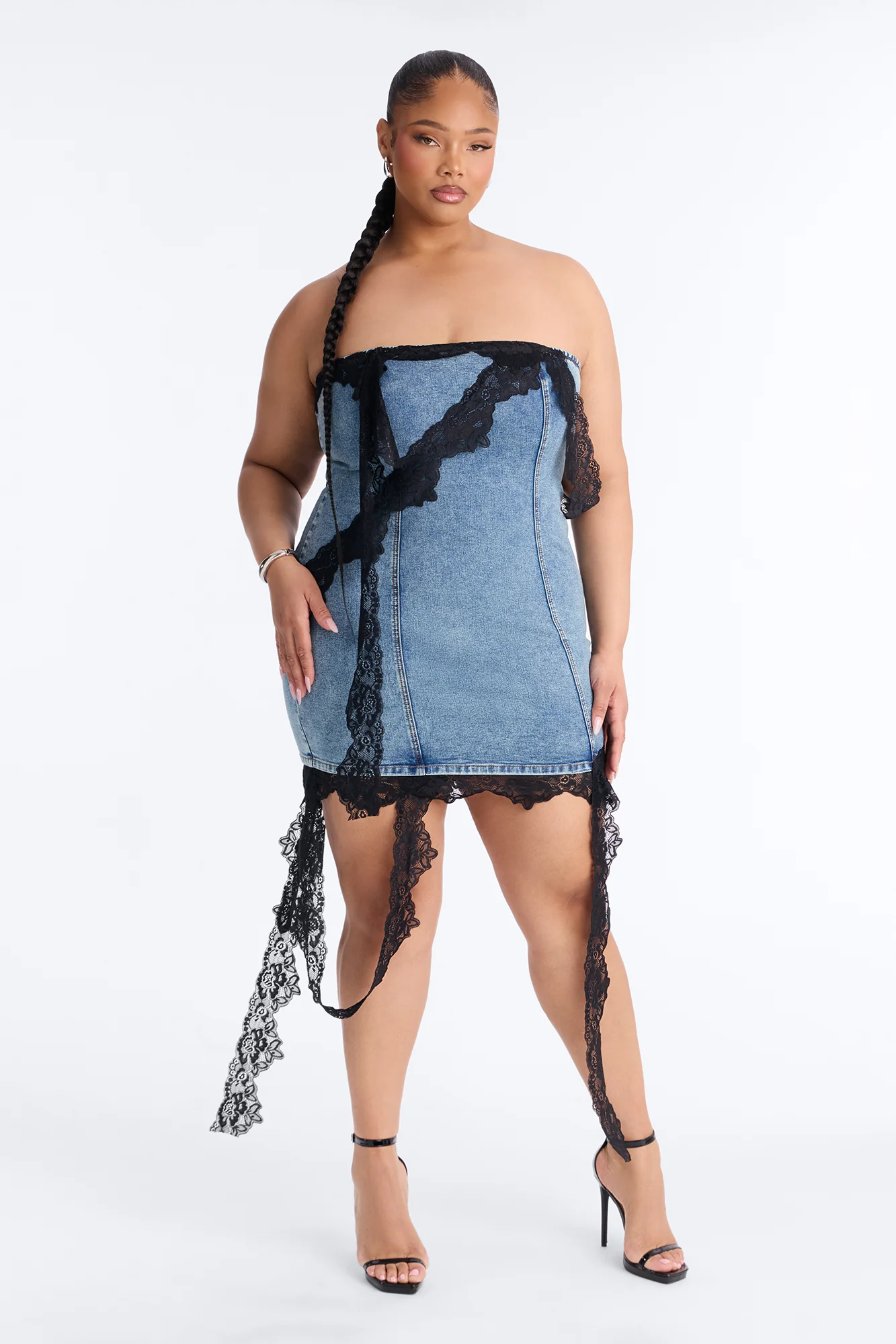 Lizzie Lace Trim Stretch Denim Mini Dress - Medium Wash - Image 5