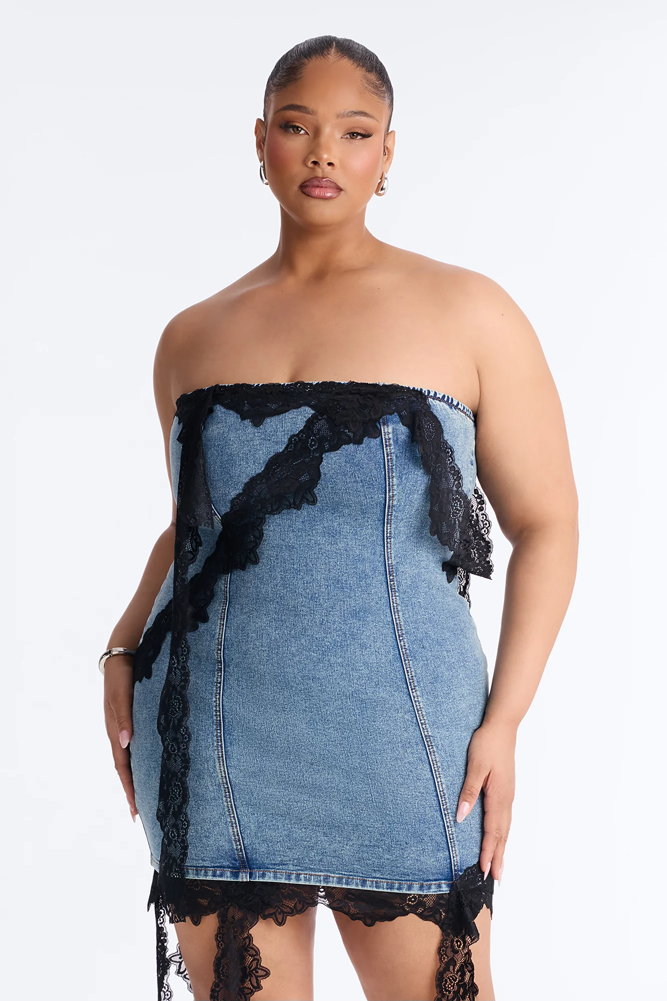 Lizzie Lace Trim Stretch Denim Mini Dress - Medium Wash - Image 6