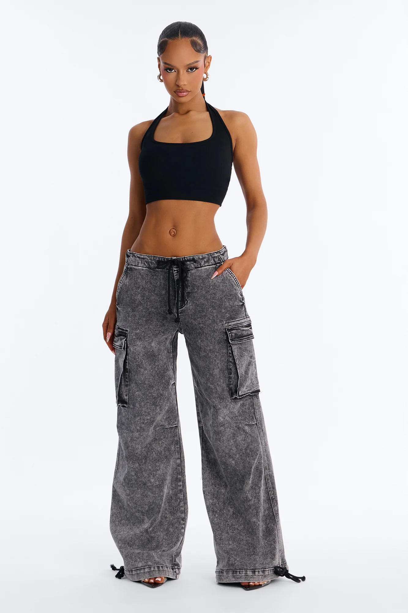 Locked In Tie Waist Stretch Cargo Jeans - Black Wash - Image 2