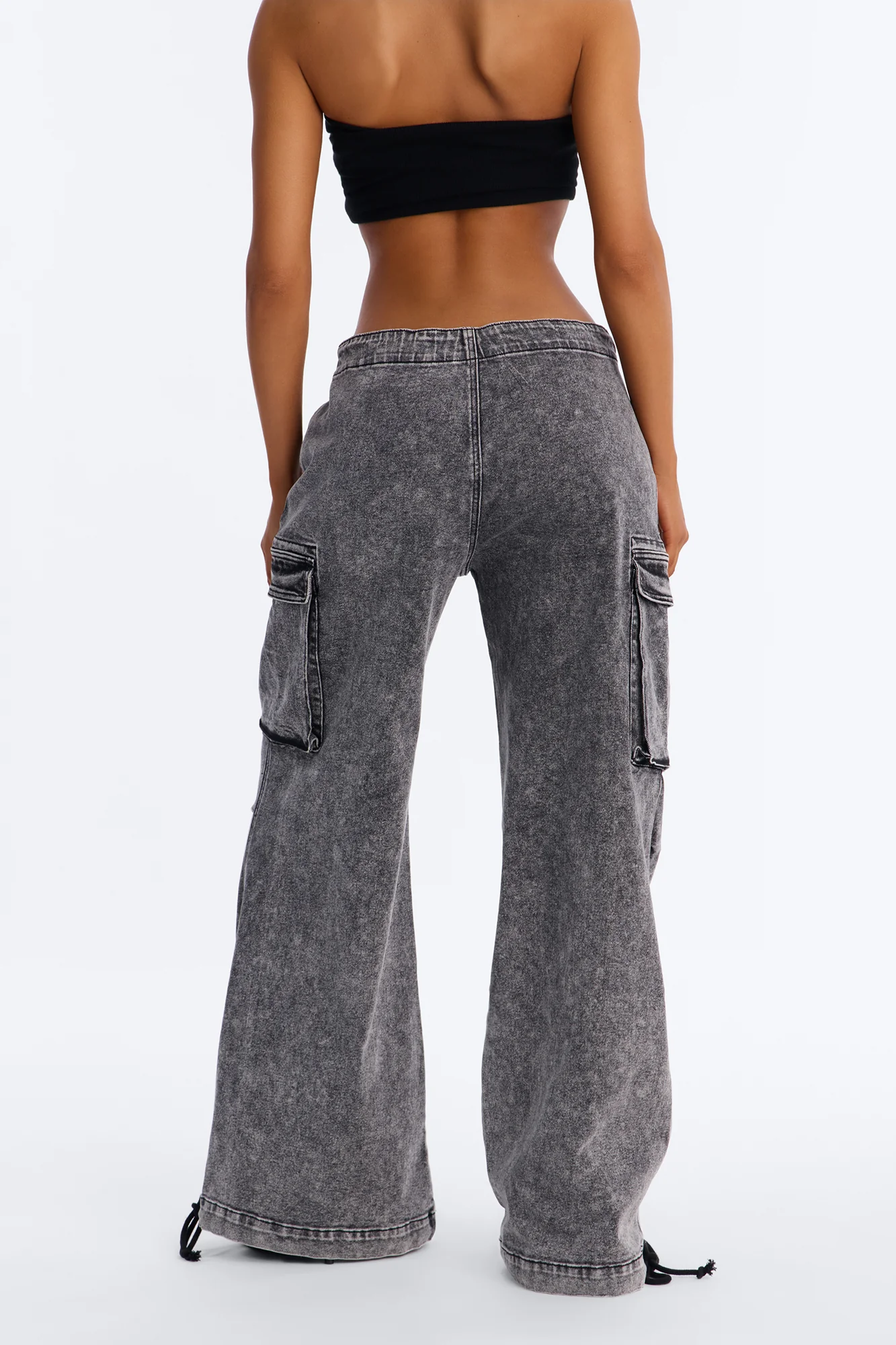 Locked In Tie Waist Stretch Cargo Jeans - Black Wash - Image 4