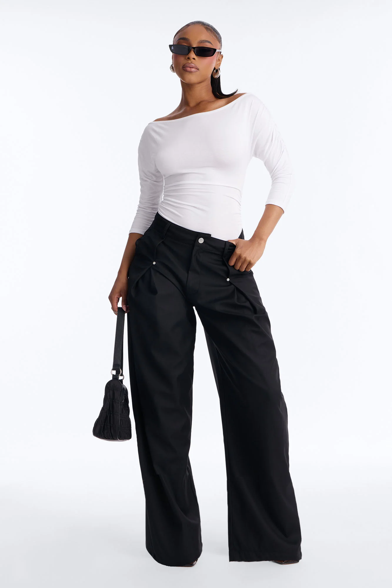 Lola Boat Neck Ruched Sleeve Bodysuit - White - Image 2