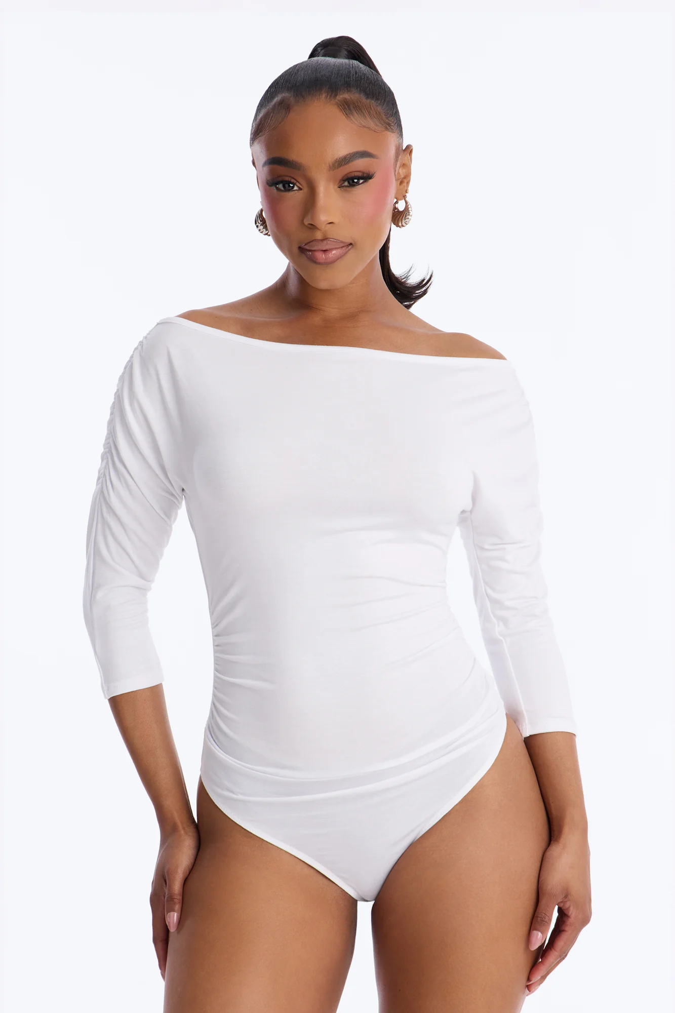 Lola Boat Neck Ruched Sleeve Bodysuit - White - Image 3