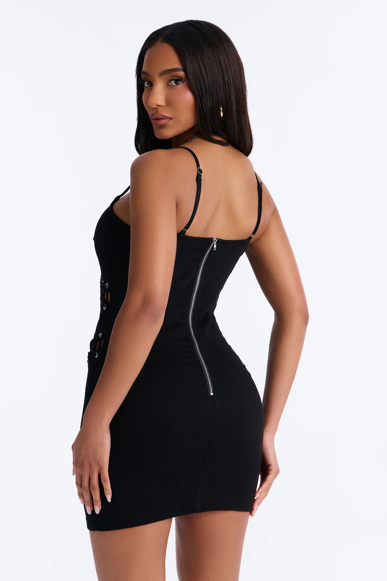Lola Lace Up Stretch Denim Mini Dress - Black - Image 4