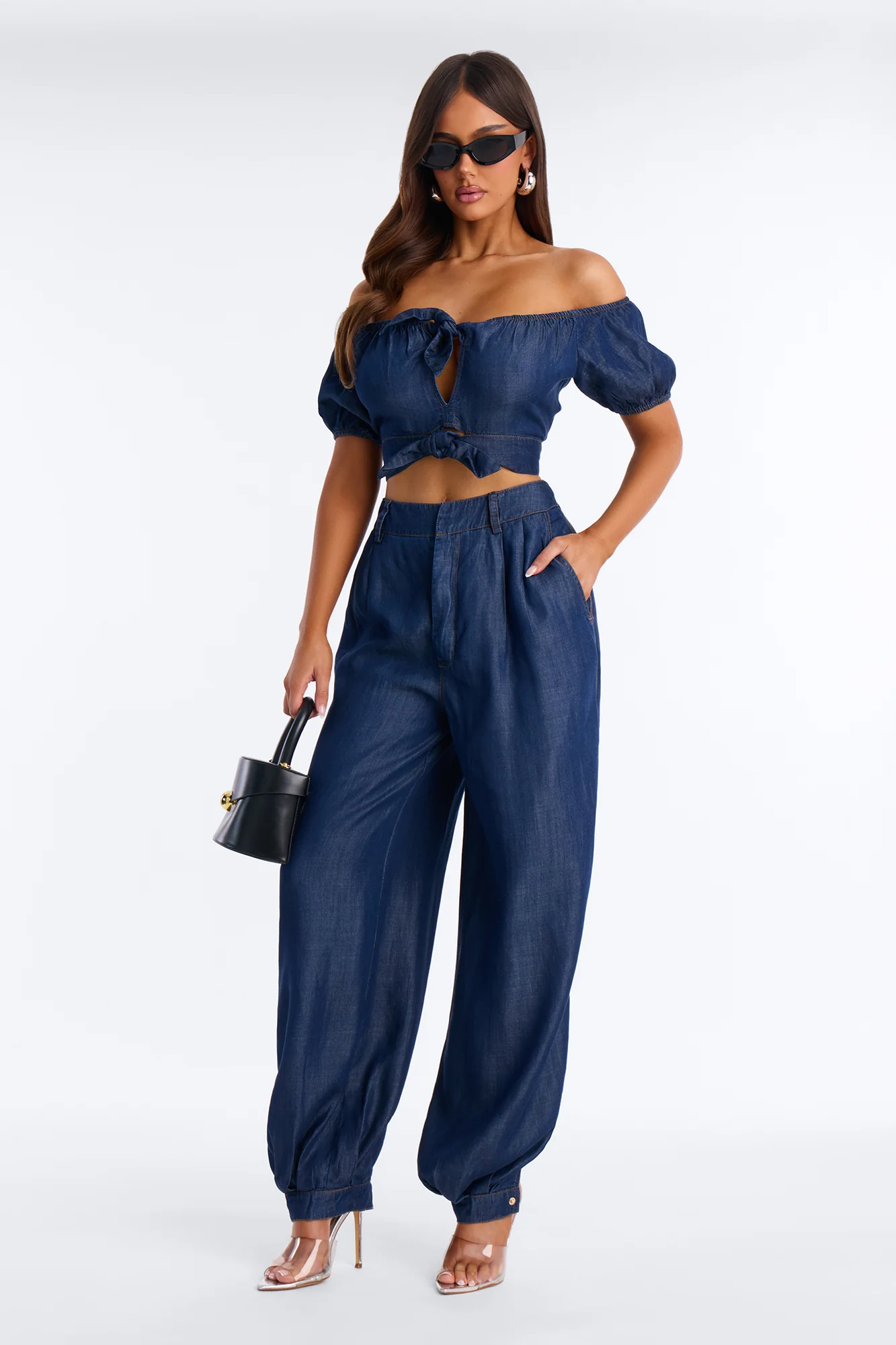 Lola Off Shoulder Balloon Pant Set - Dark Denim