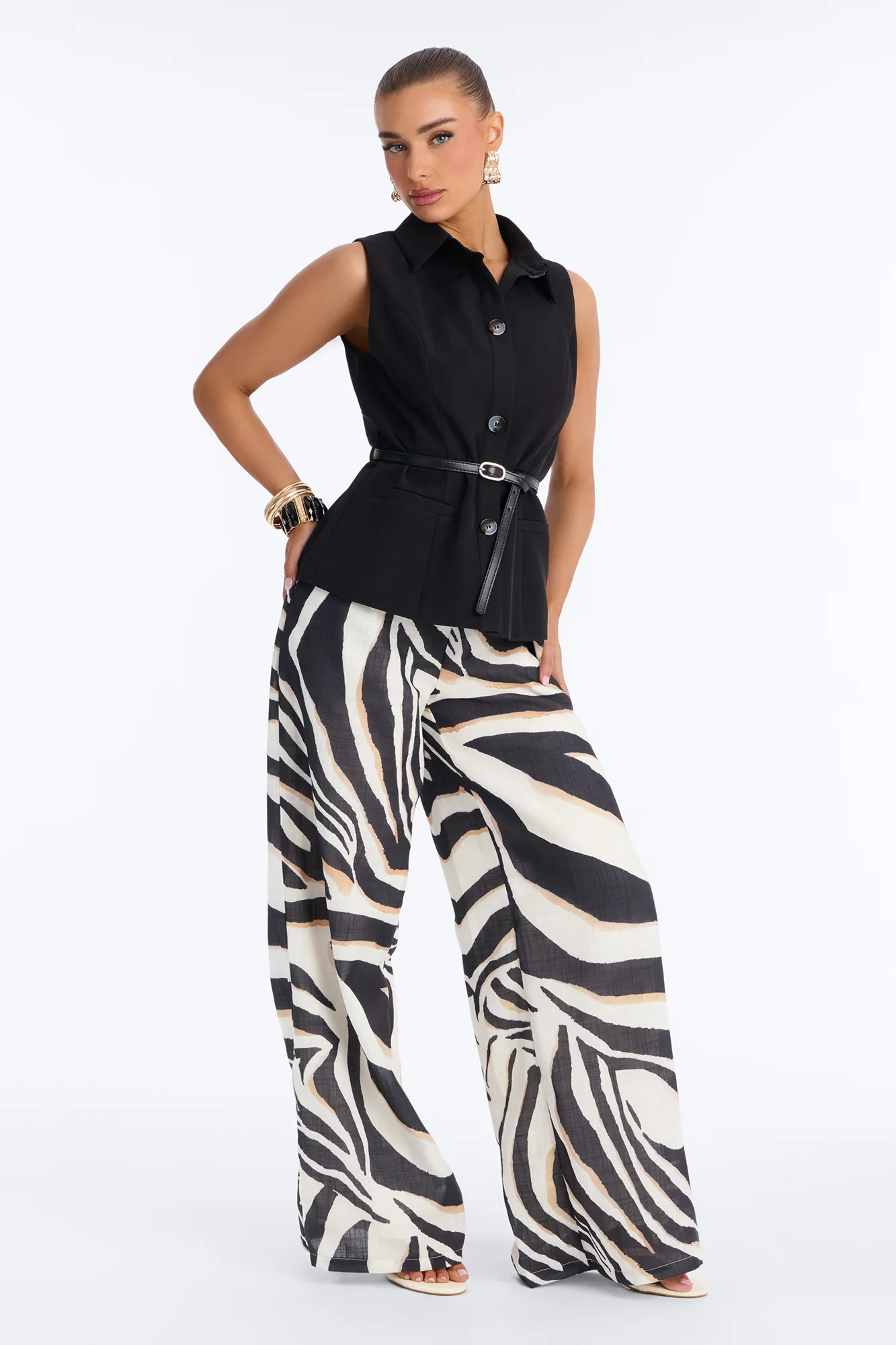 Lola Zebra Print Belted Pant Set - Black/combo
