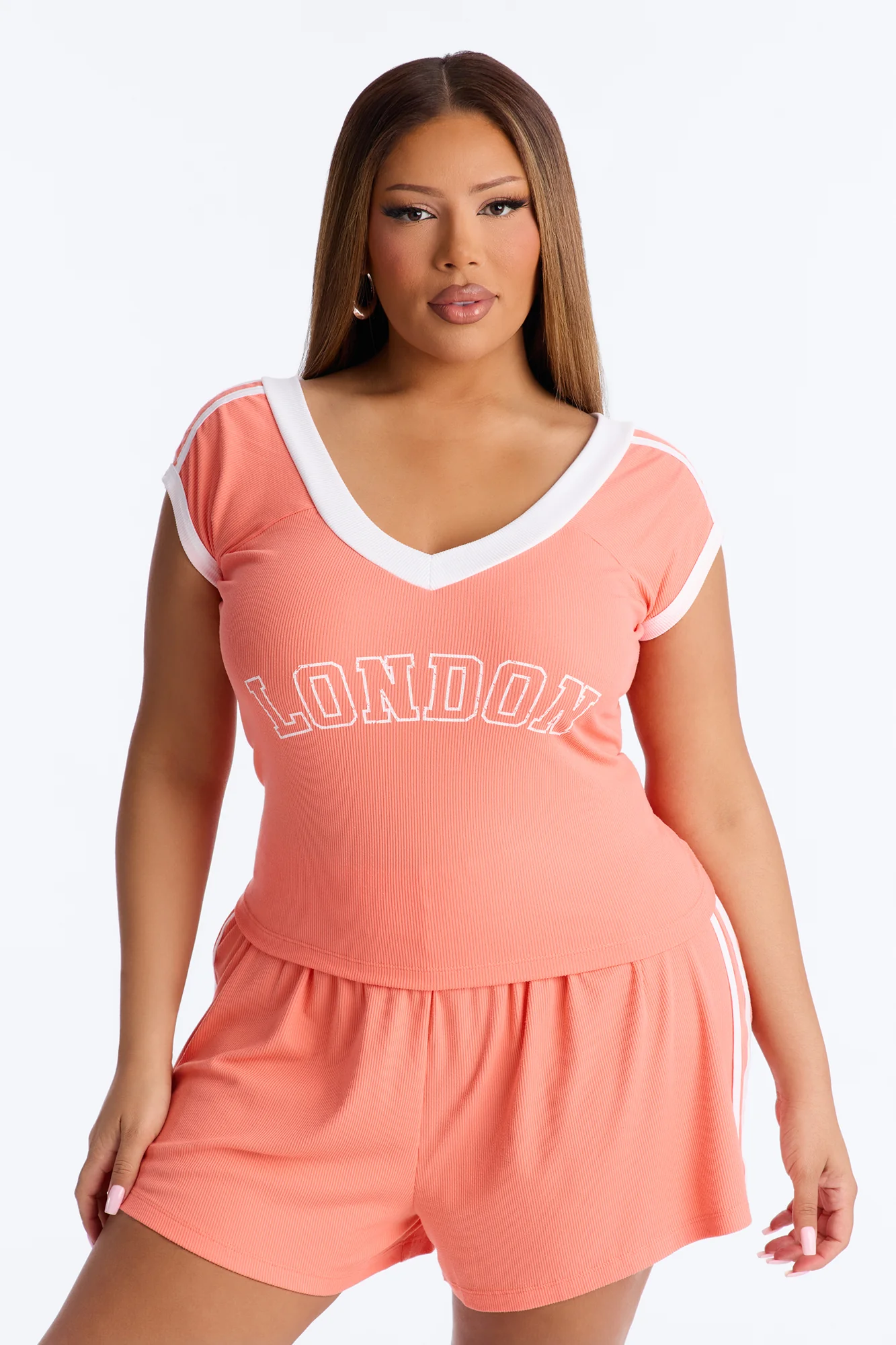 London Is Calling Ribbed Short Set - Neon Orange - Image 6