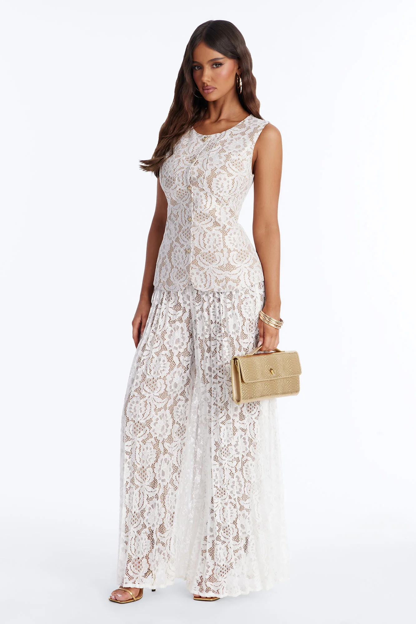 London Lace Vest Pleated Pant Set - Ivory