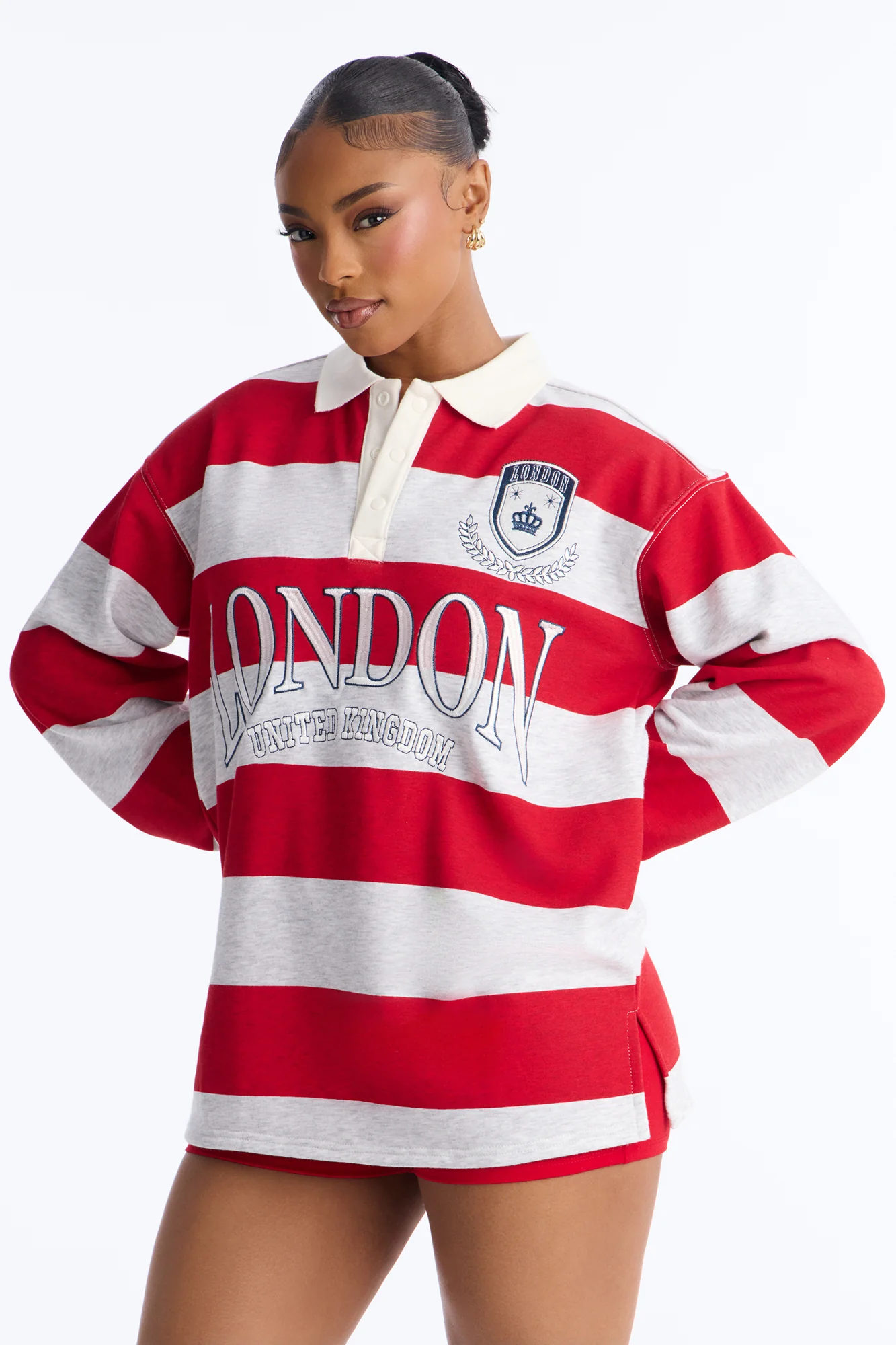 London Stripe Polo Fold Over Waistband Short Set - Red/combo - Image 2