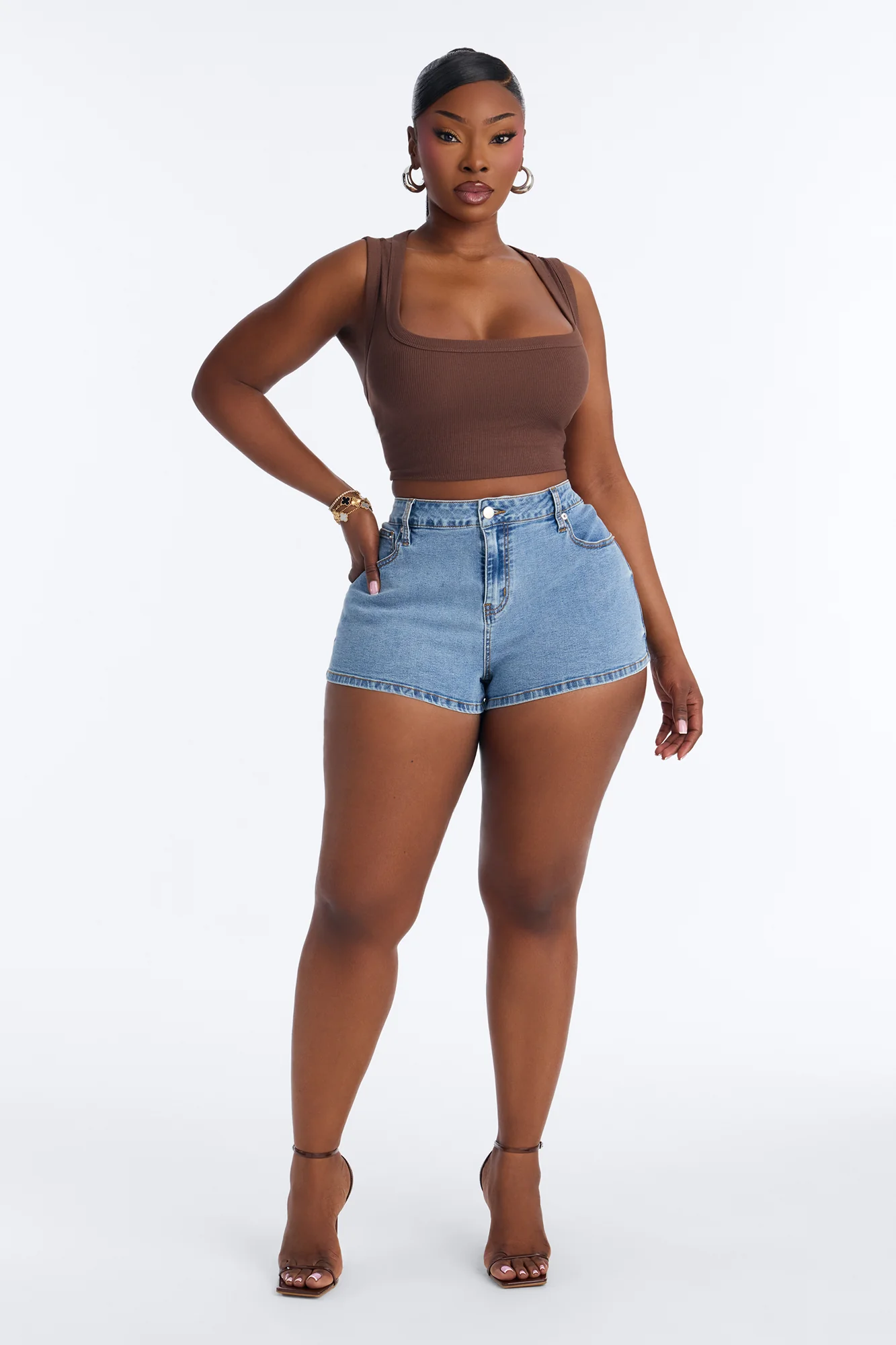 Long Hot Summer Stretch Denim Shorts - Medium Wash - Image 5