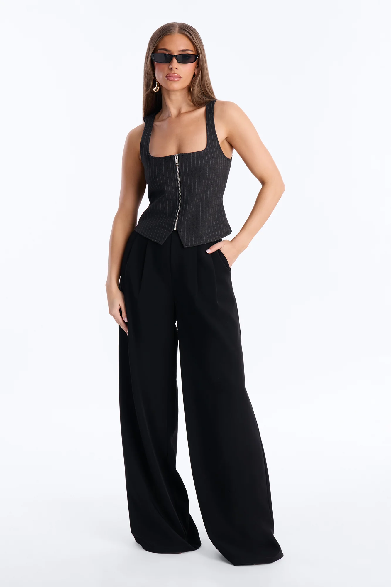 Looking Iconic Front Zip Pinstripe Tank Top - Black/combo - Image 2