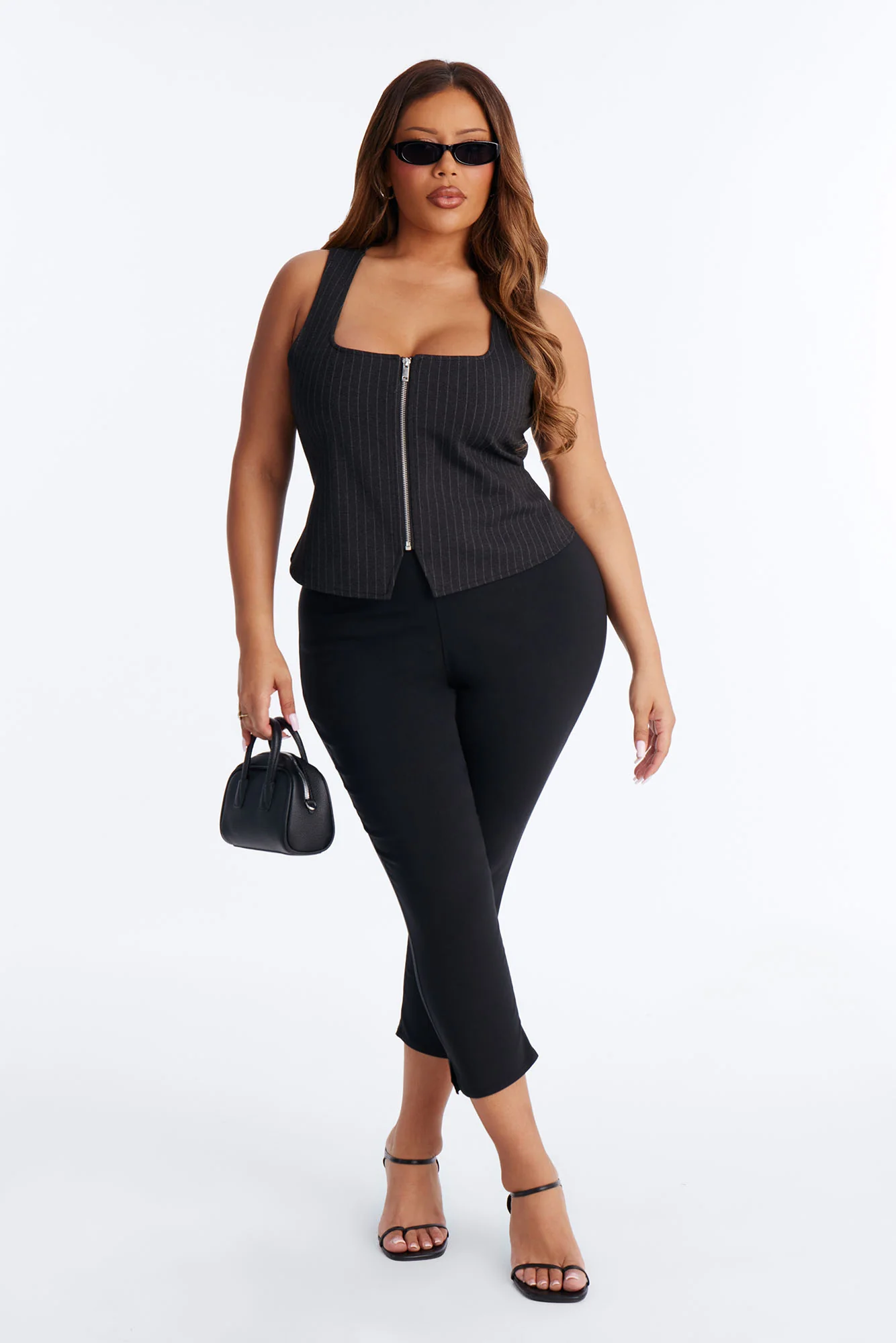 Looking Iconic Front Zip Pinstripe Tank Top - Black/combo - Image 4