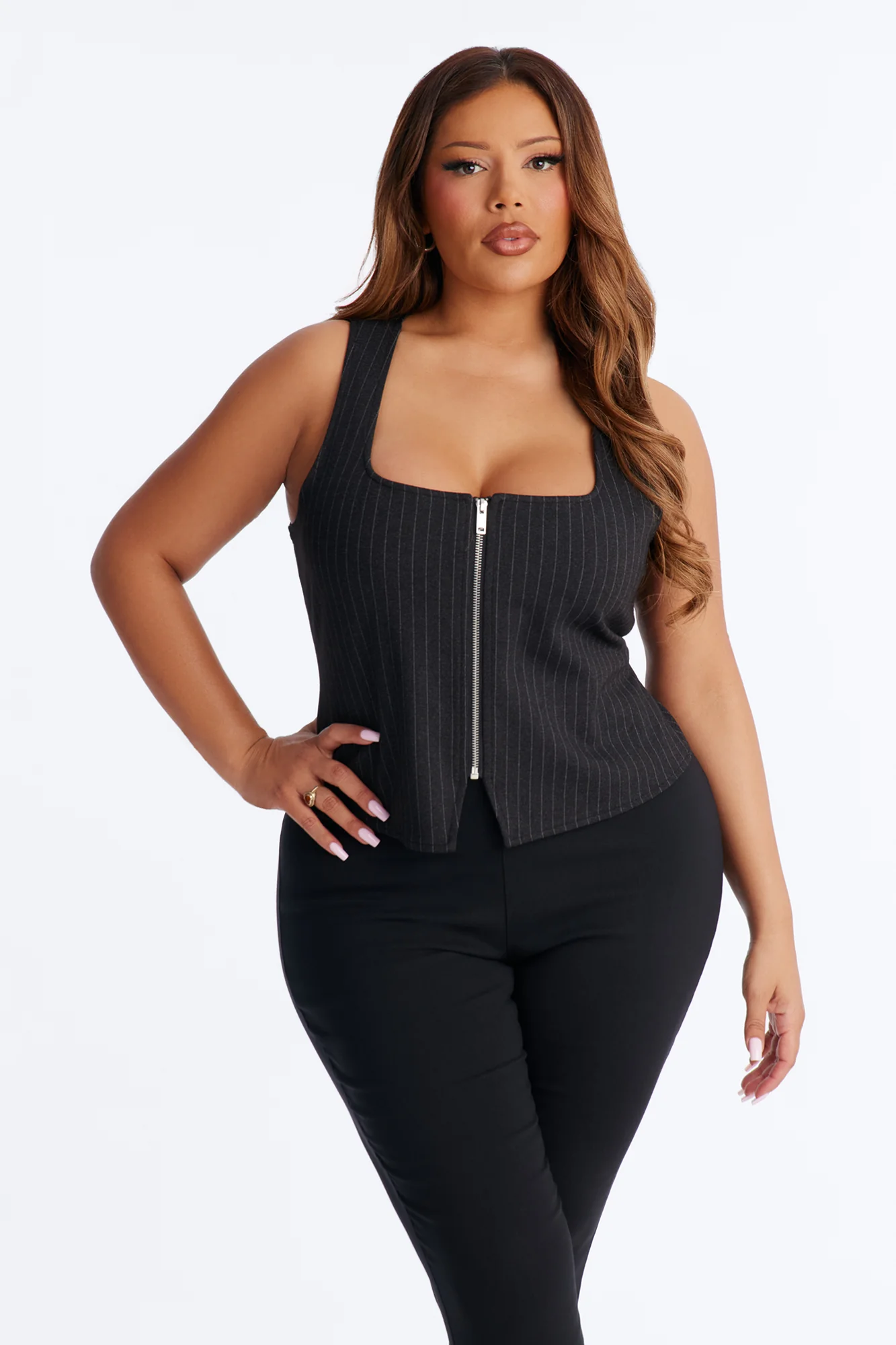 Looking Iconic Front Zip Pinstripe Tank Top - Black/combo - Image 5