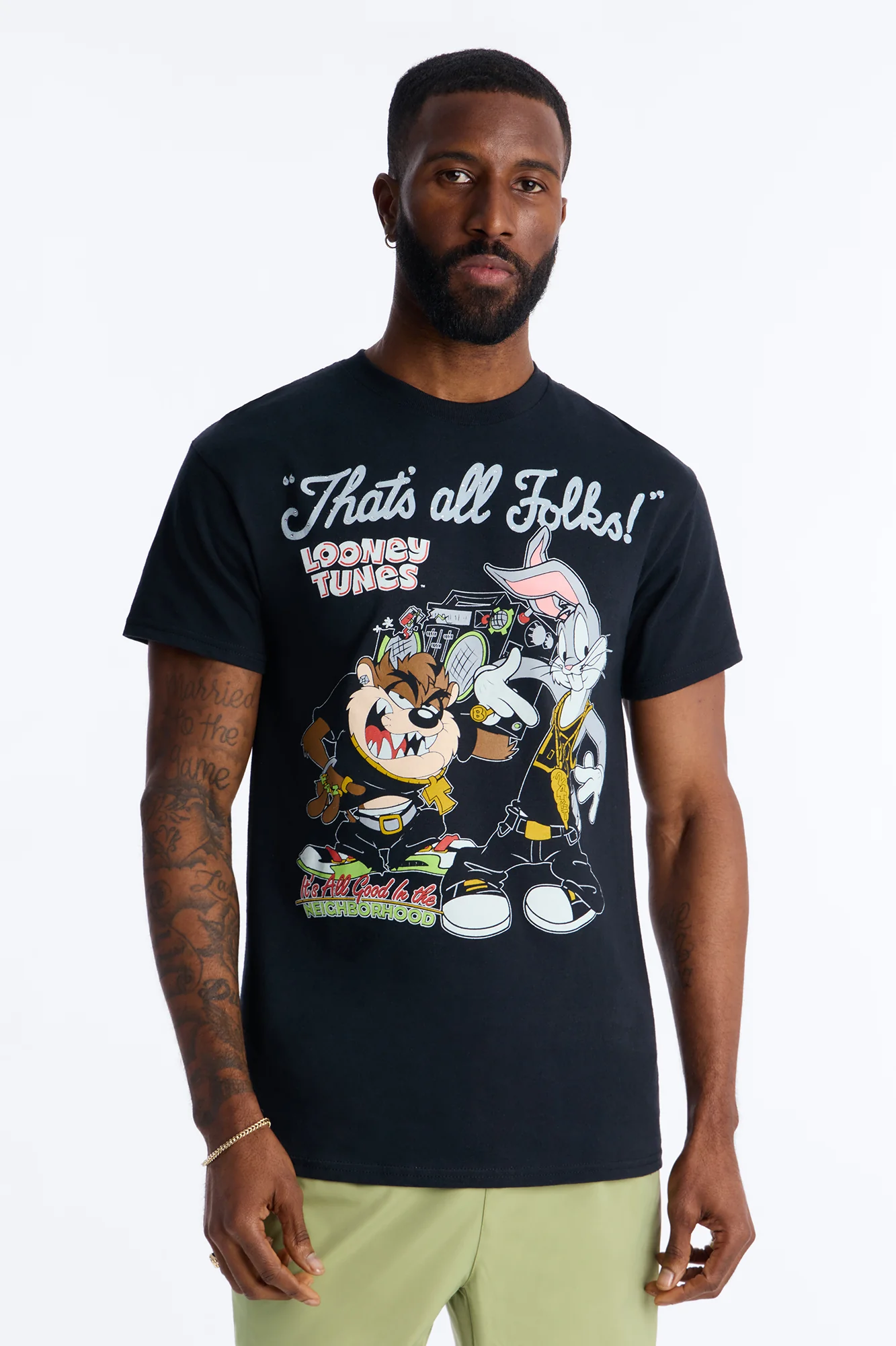 Looney Tunes Thats All Folks Rhinestone Short Sleeve Tee - Black