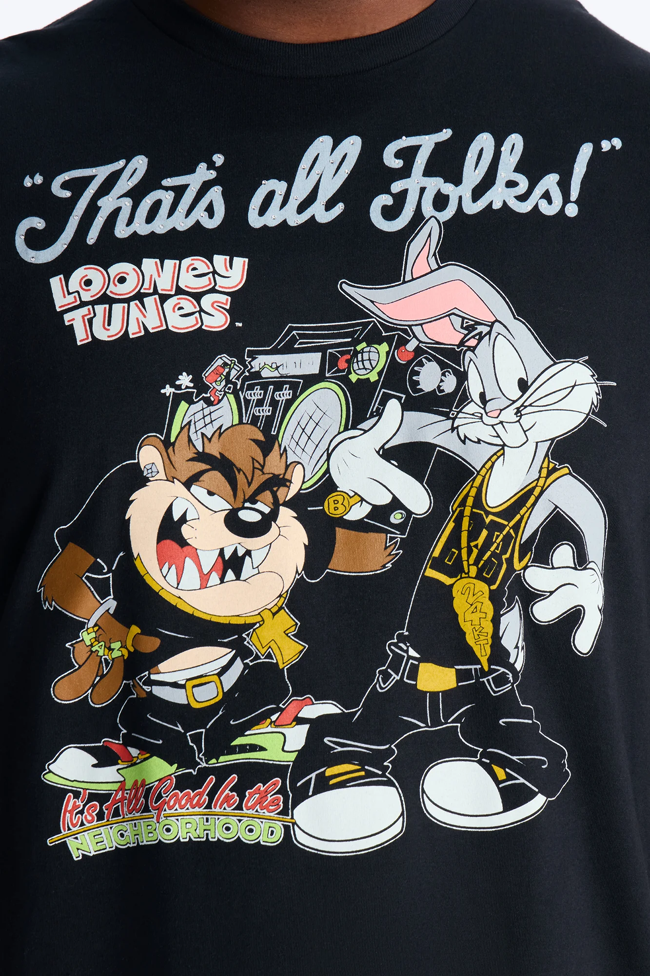 Looney Tunes Thats All Folks Rhinestone Short Sleeve Tee - Black - Image 6
