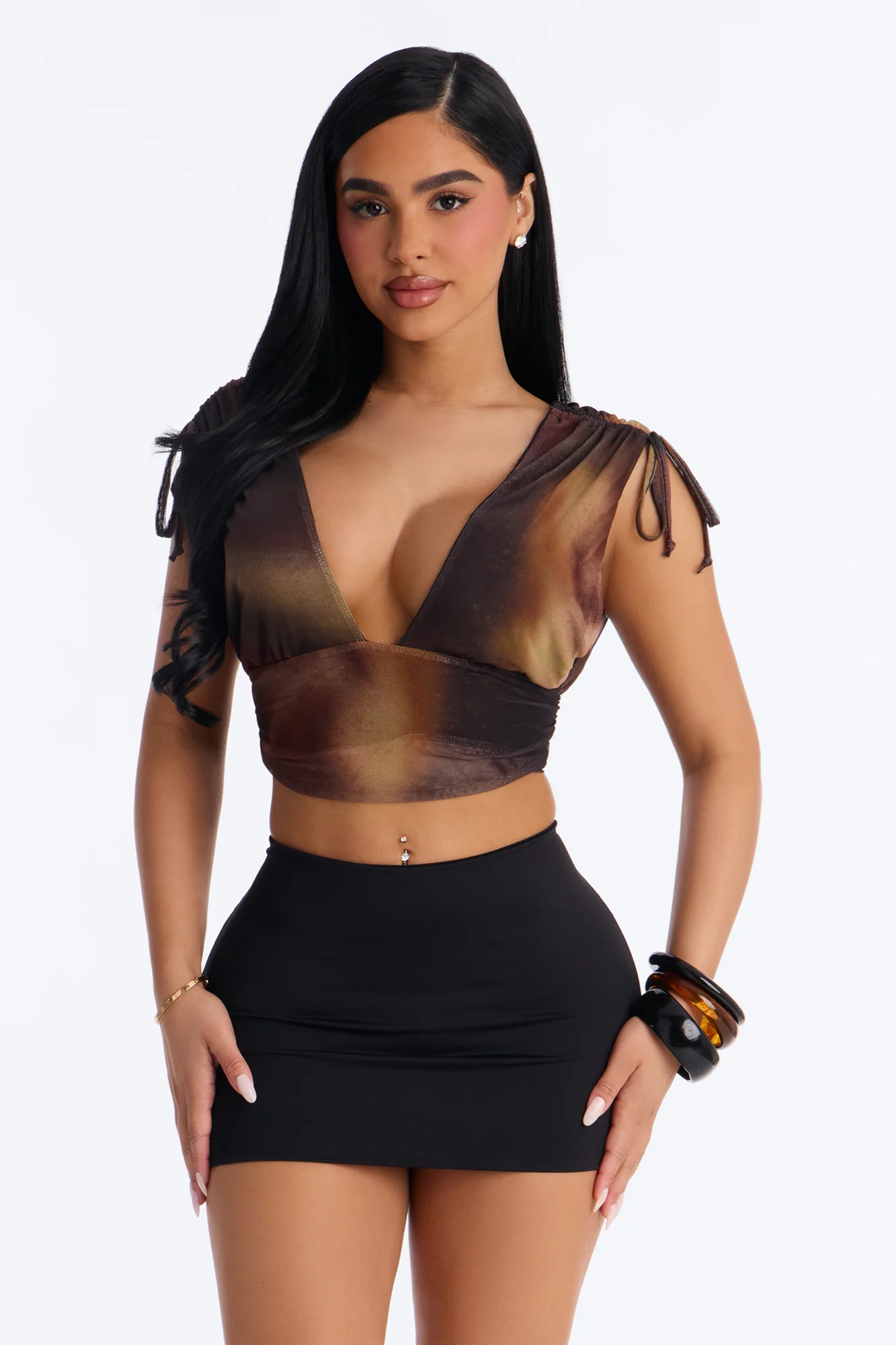 Lori Deep V-Neck Mesh Cropped Top - Brown/combo