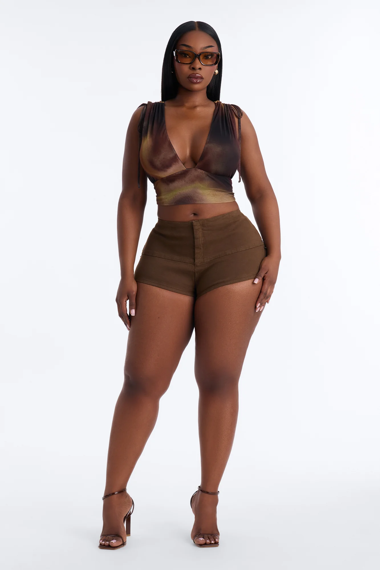 Lori Deep V-Neck Mesh Cropped Top - Brown/combo - Image 6