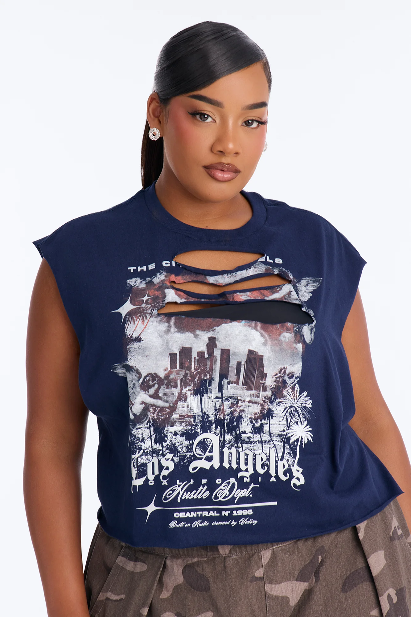 Los Angeles Slash Crop Muscle Tee - Navy - Image 5