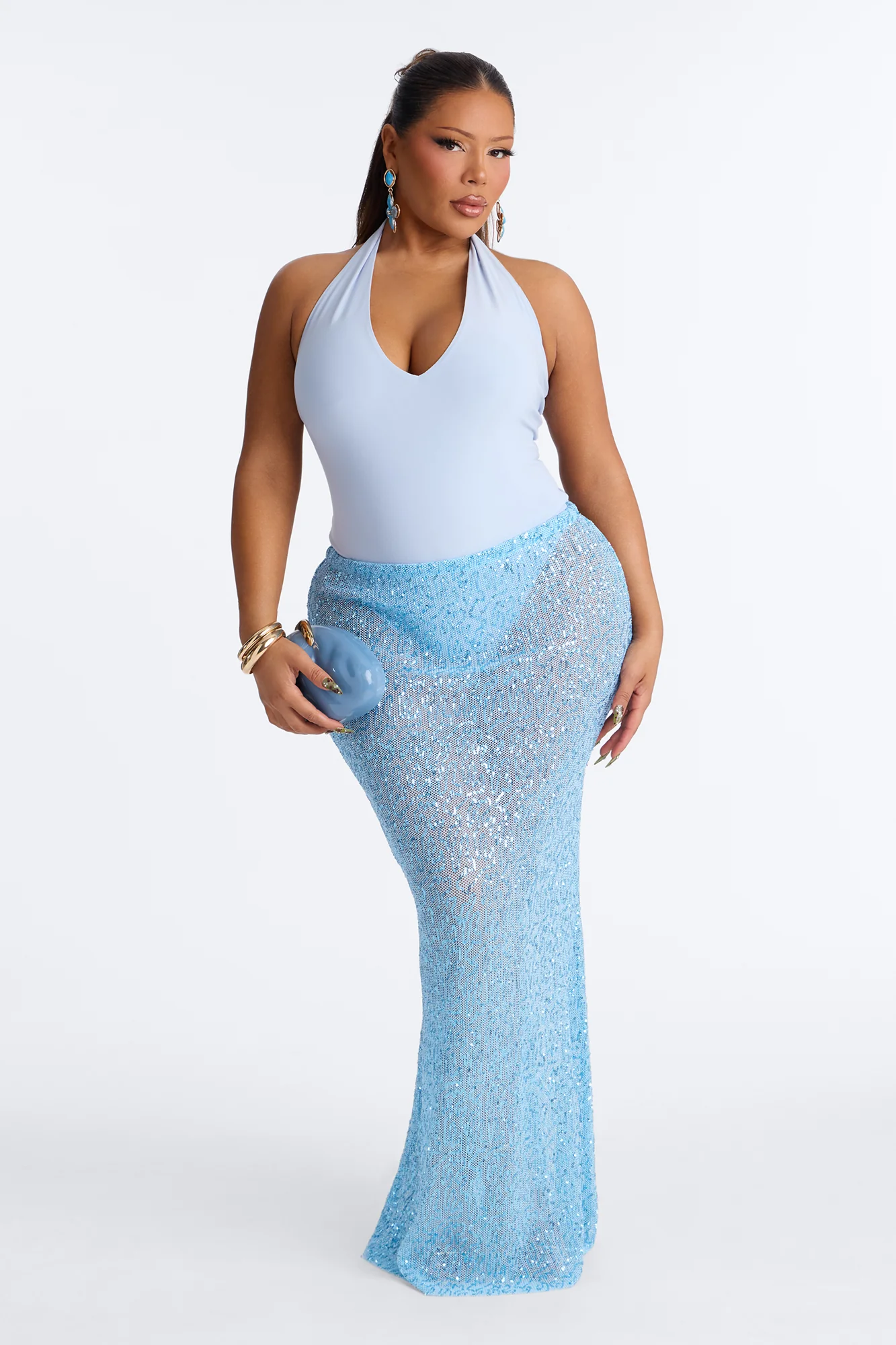 Lost In Paradise Sequin Maxi Skirt - Light Blue