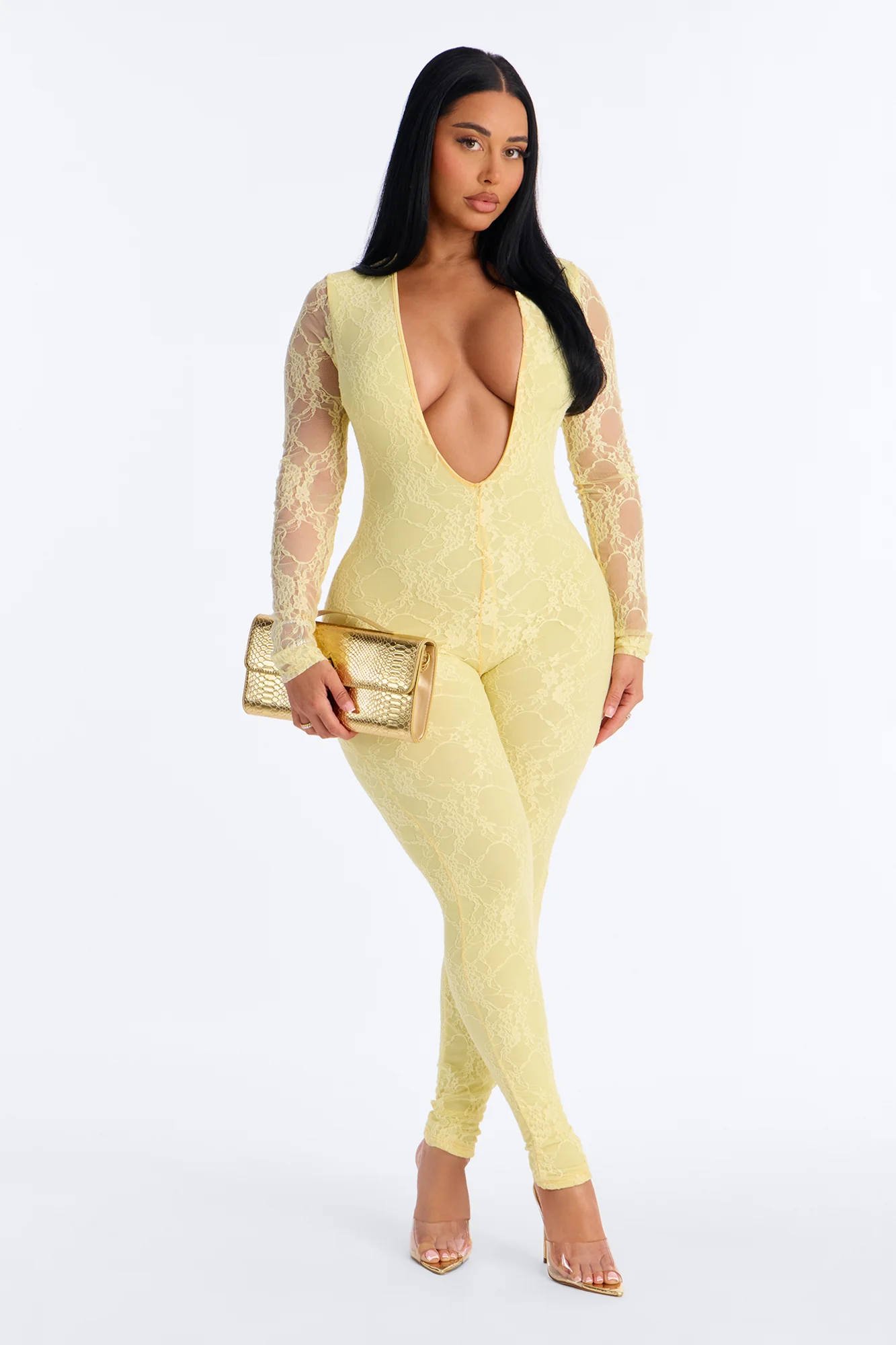 Lost In The Night Lace Skinny Leg Jumpsuit - Butter Yellow