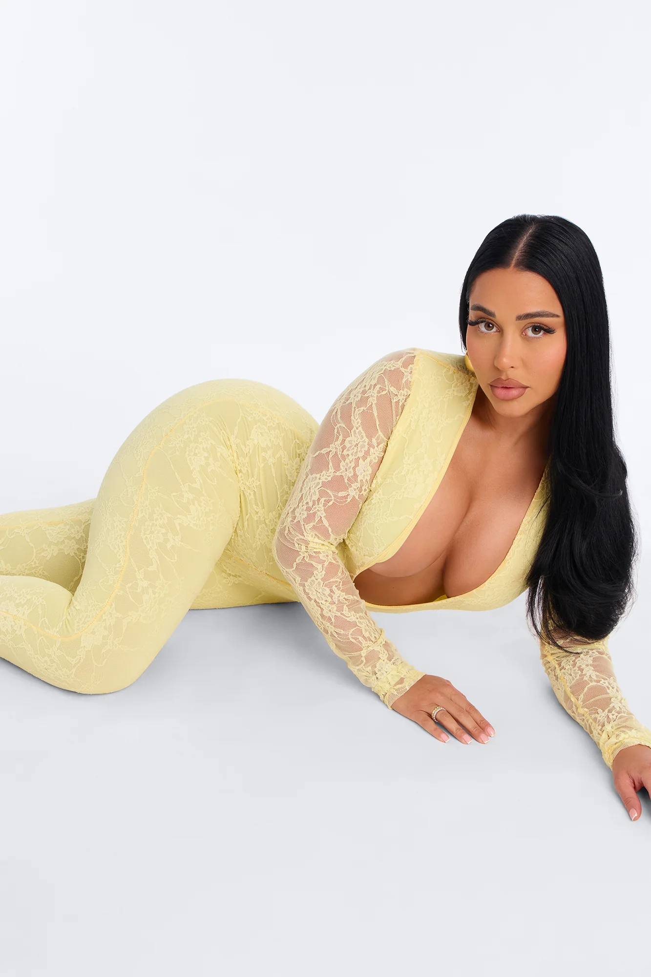 Lost In The Night Lace Skinny Leg Jumpsuit - Butter Yellow - Image 3