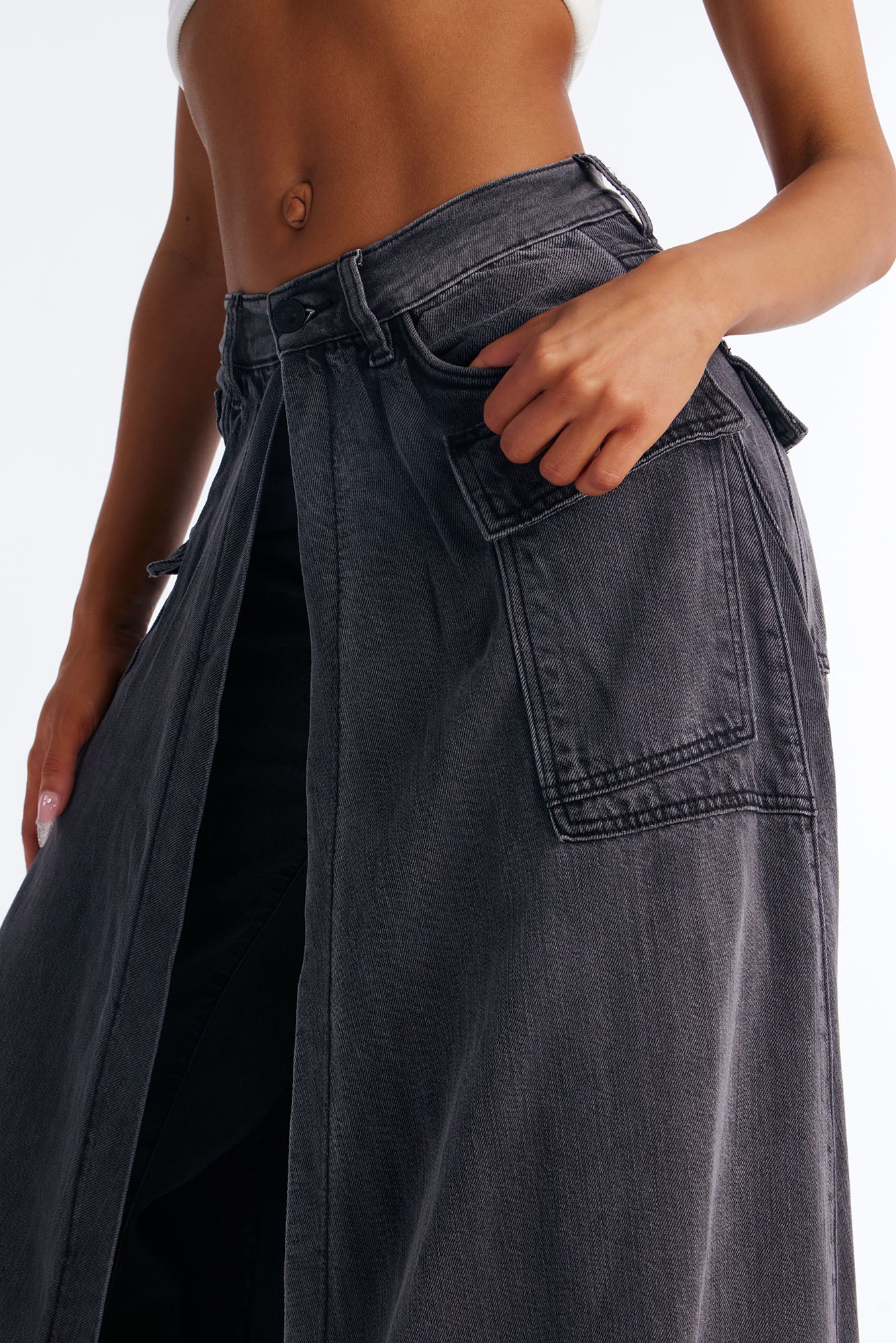 Lost It Cargo Overlay Straight Leg Jeans - Black Wash - Image 3