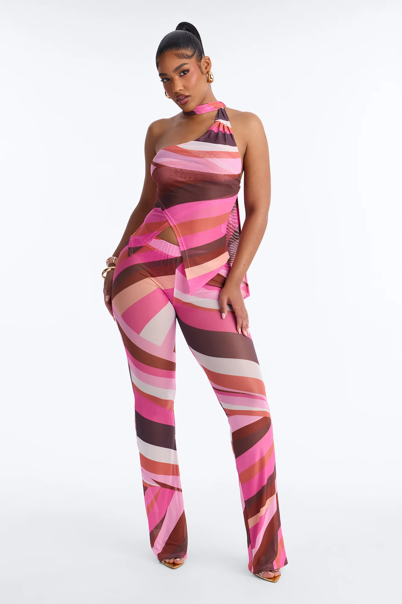 Love Affair Scarf Neck Mesh Pant Set - Pink/combo
