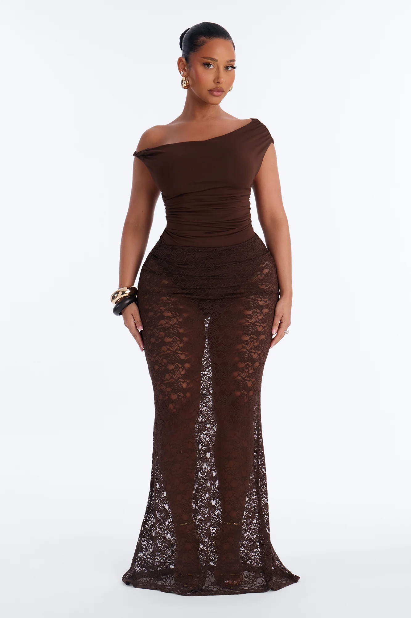 Love For You Ruched Lace Maxi Skirt - Chocolate