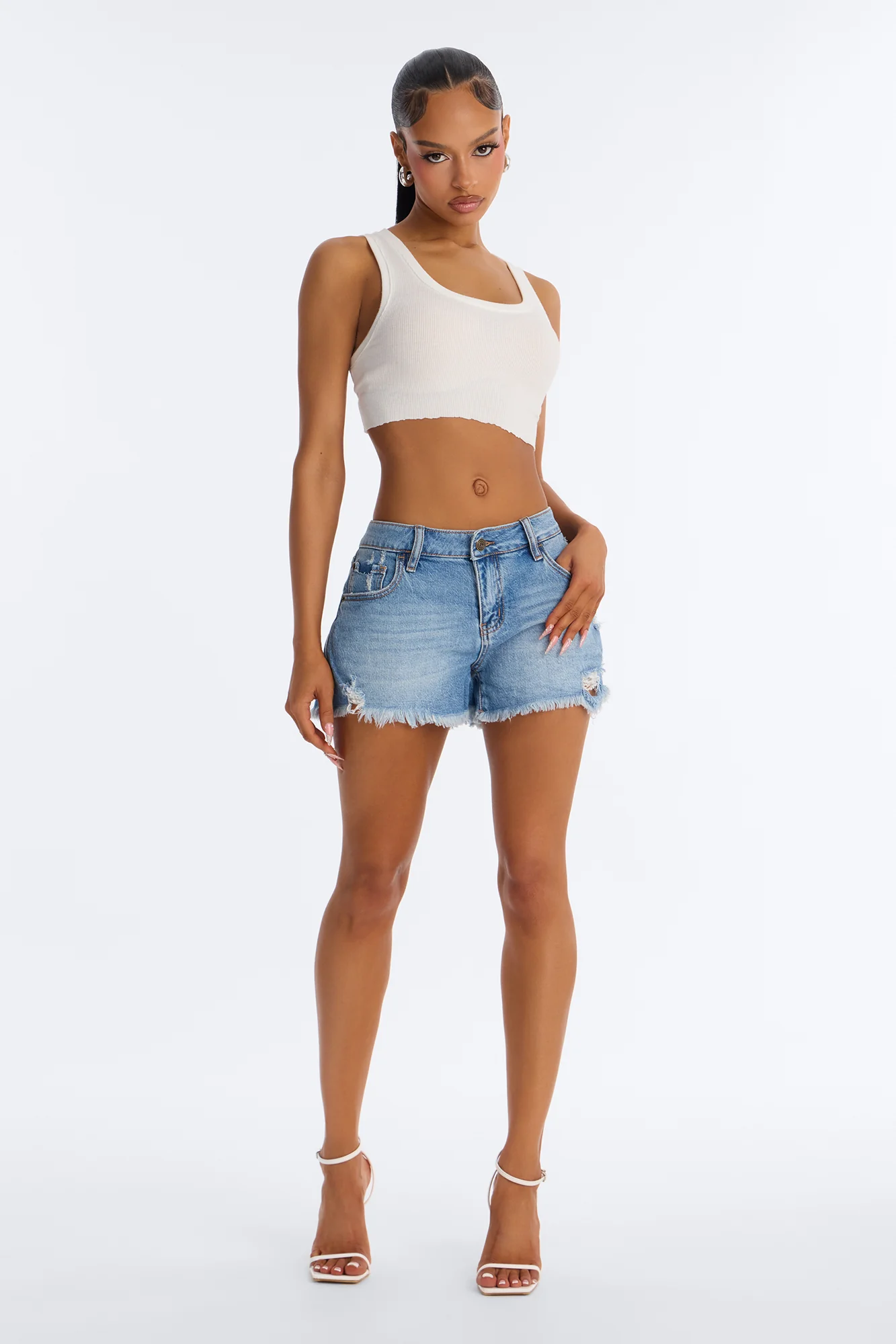Love & Happiness Back Patch Cut Off Denim Shorts - Medium Wash - Image 2